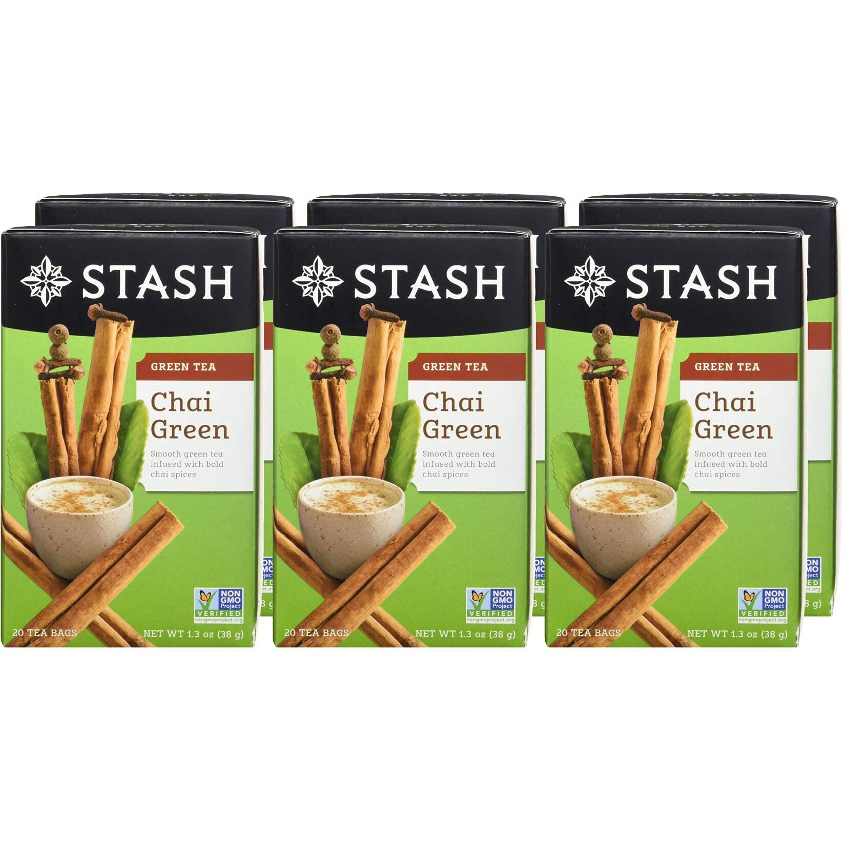 Stash Tea Chai Green Tea - Caffeinated, Non-Gmo Project Verified Premium Tea With No Artificial Ingredients, 20 Count (Pack Of 6) - 120 Bags Total