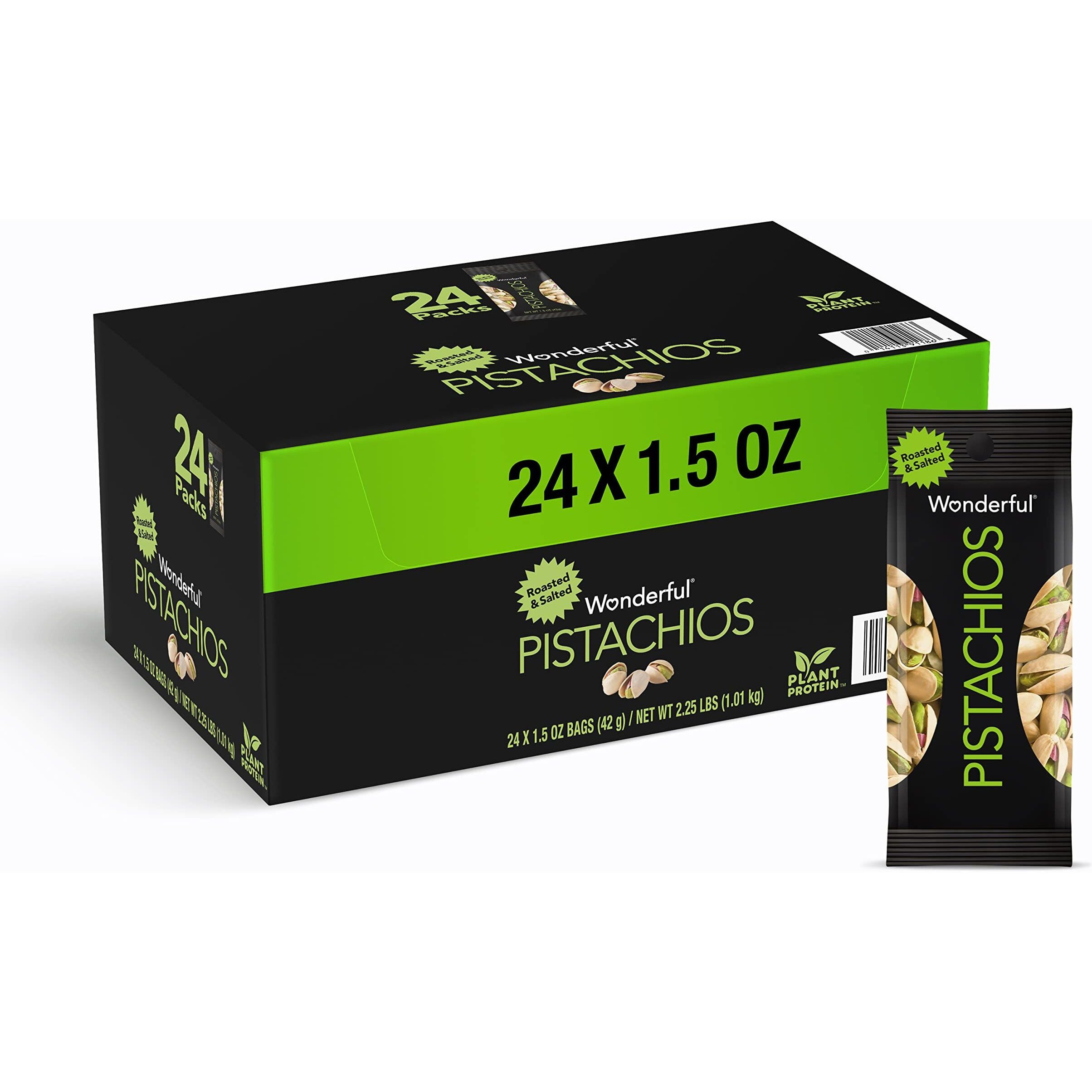 Wonderful Pistachios In Shell, Roasted & Salted Nuts, 1.5 Ounce Bags (Pack Of 24), Protein Snack, On-The Go, Individually Wrapped Healthy Snack, 1.5 Ounce (Pack Of 24) - Package May Vary