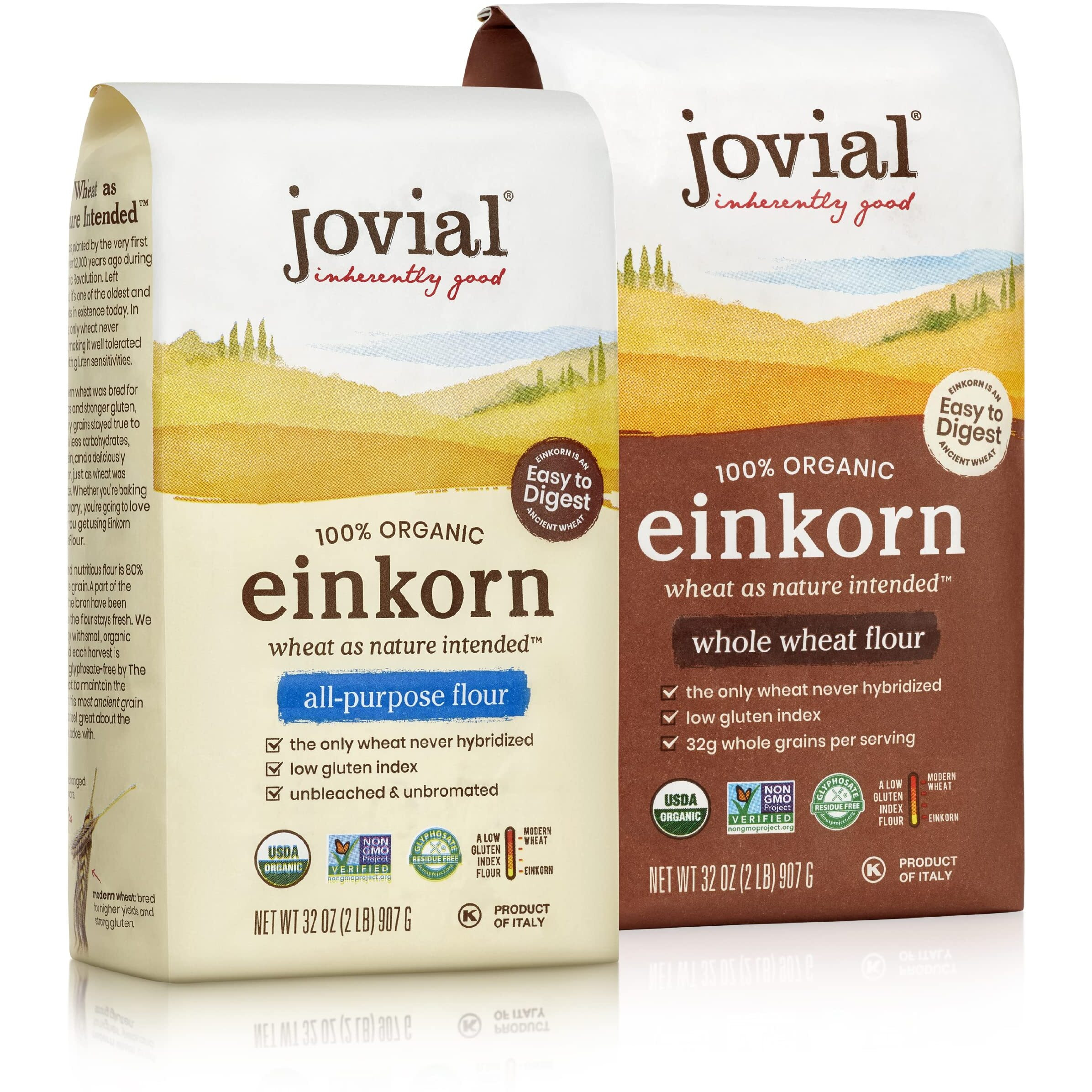 Jovial Einkorn 100% Organic Einkorn Baking Flour Variety Pack (All Purpose Flour & Whole Wheat Flour) - High Protein, Non-Gmo, Usda Certified Organic, Product Of Italy - 32 Oz, 2 Pack