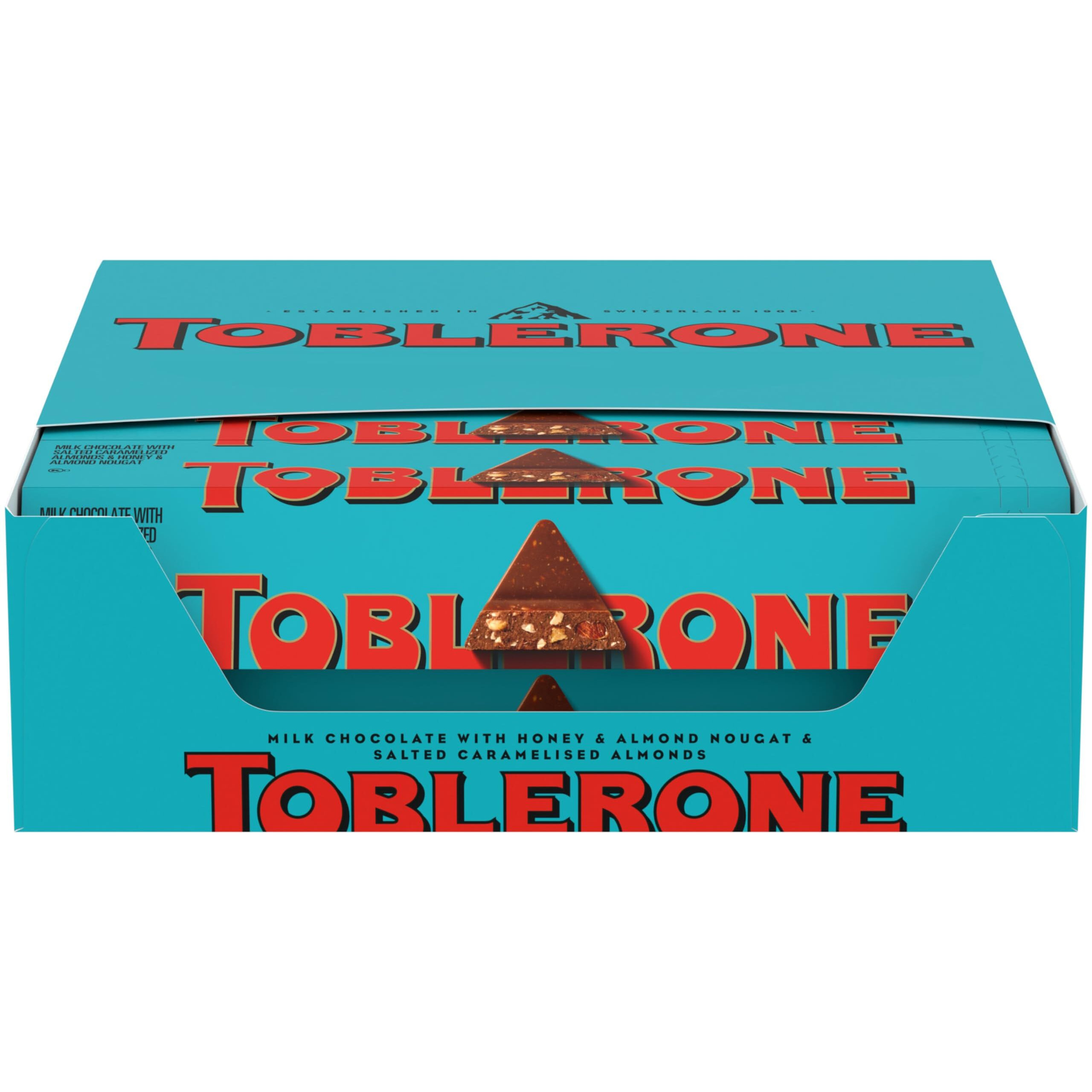 Toblerone Swiss Milk Chocolate With Salted Caramelized Almonds & Honey & Almond Nougat, Valentines Day Chocolate Candy, 20 - 3.52 Oz Bars
