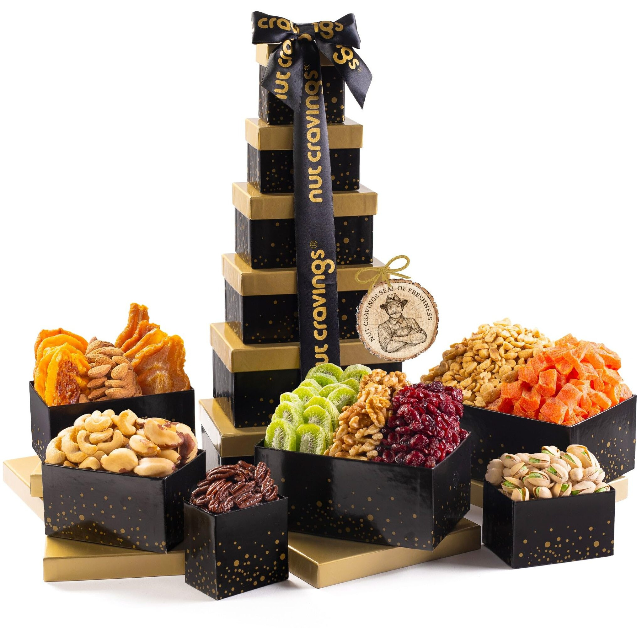 Nut Cravings Gourmet Collection - Easter Dried Fruit & Mixed Nuts Gift Basket Black Tower + Ribbon (12 Assortments) Purim Mishloach Manot Arrangement Platter, Birthday Care Package - Healthy Kosher