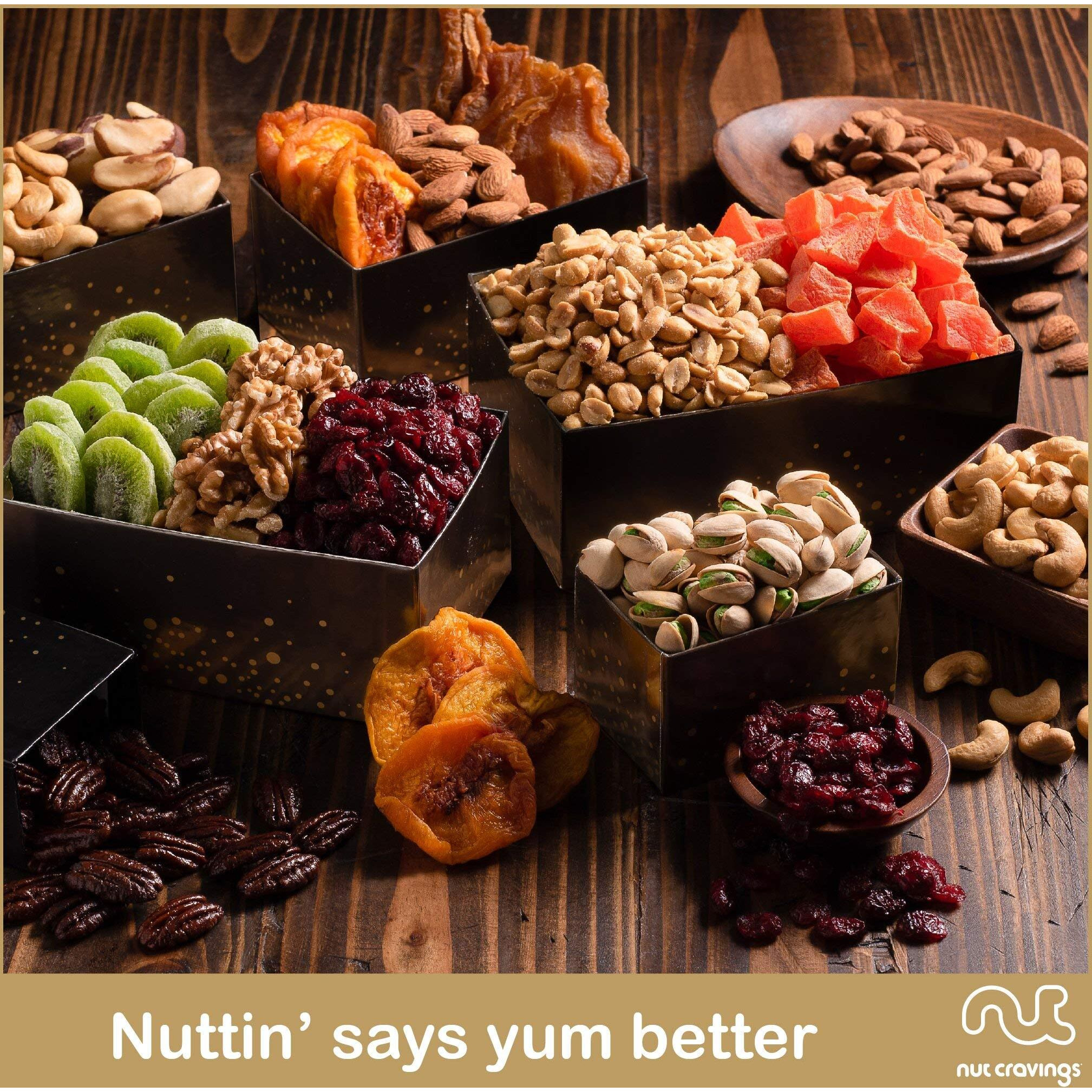 Nut Cravings Gourmet Collection - Easter Dried Fruit & Mixed Nuts Gift Basket Black Tower + Ribbon (12 Assortments) Purim Mishloach Manot Arrangement Platter, Birthday Care Package - Healthy Kosher