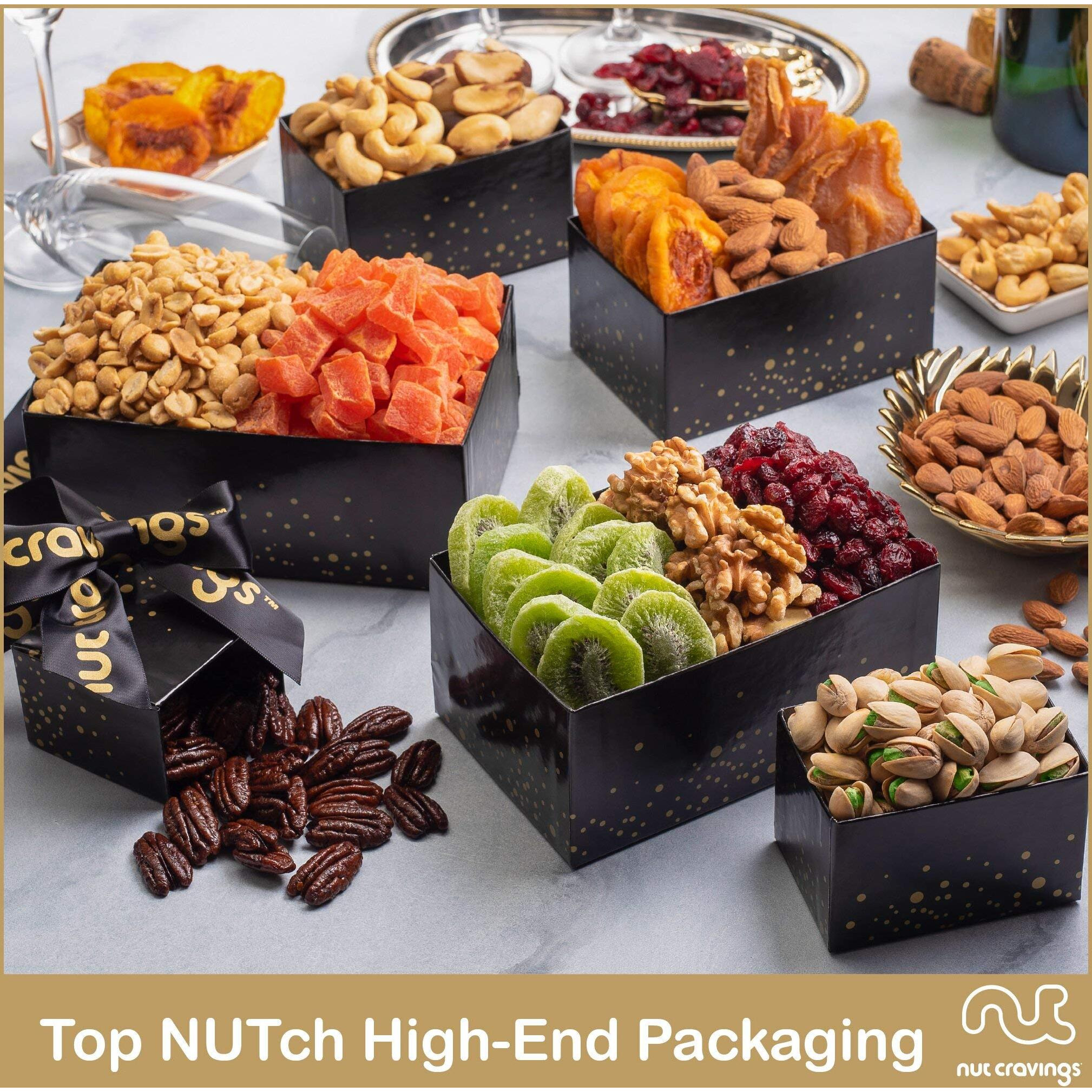 Nut Cravings Gourmet Collection - Easter Dried Fruit & Mixed Nuts Gift Basket Black Tower + Ribbon (12 Assortments) Purim Mishloach Manot Arrangement Platter, Birthday Care Package - Healthy Kosher