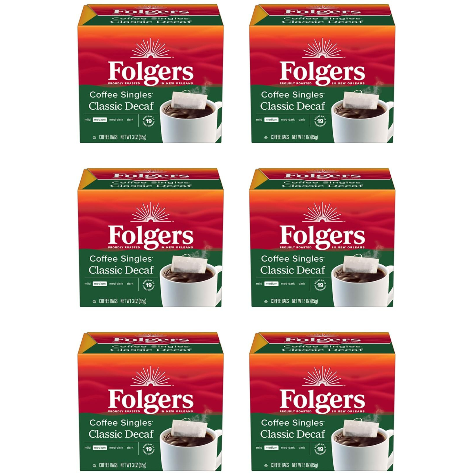 Folgers Coffee Singles Medium Roast Decaf Coffee Bags, 19 Count (Pack Of 6)