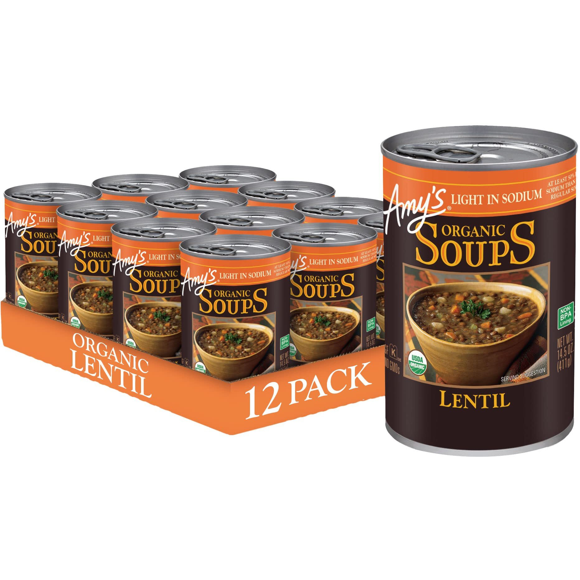 Amys Soup, Vegan Lentil Soup, Light In Sodium, Gluten Free, Made With Organic Green Lentils And Vegetables, Canned Soup, 14.5 Oz (12 Pack)