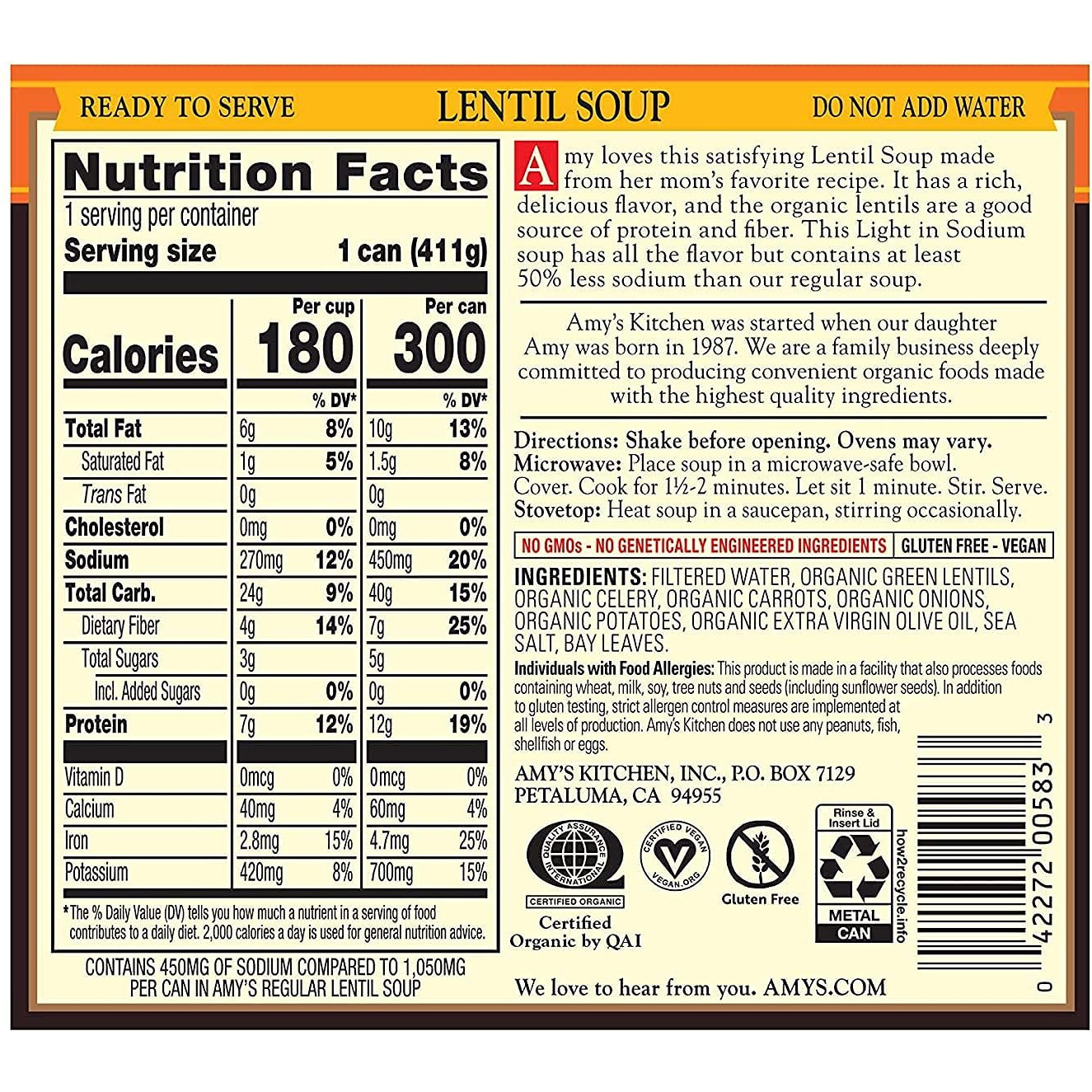 Amys Soup, Vegan Lentil Soup, Light In Sodium, Gluten Free, Made With Organic Green Lentils And Vegetables, Canned Soup, 14.5 Oz (12 Pack)