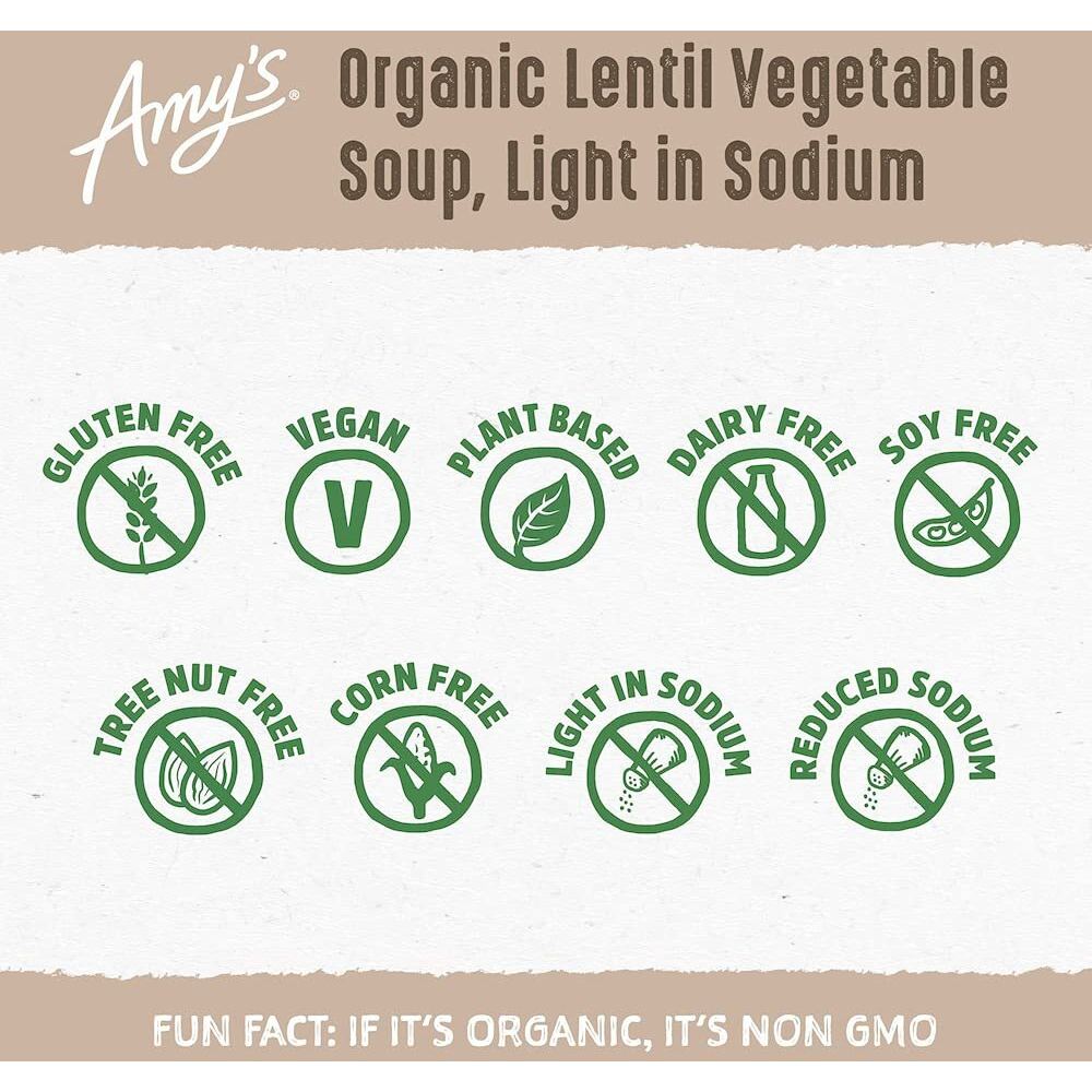 Amys Soup, Vegan Lentil Soup, Light In Sodium, Gluten Free, Made With Organic Green Lentils And Vegetables, Canned Soup, 14.5 Oz (12 Pack)