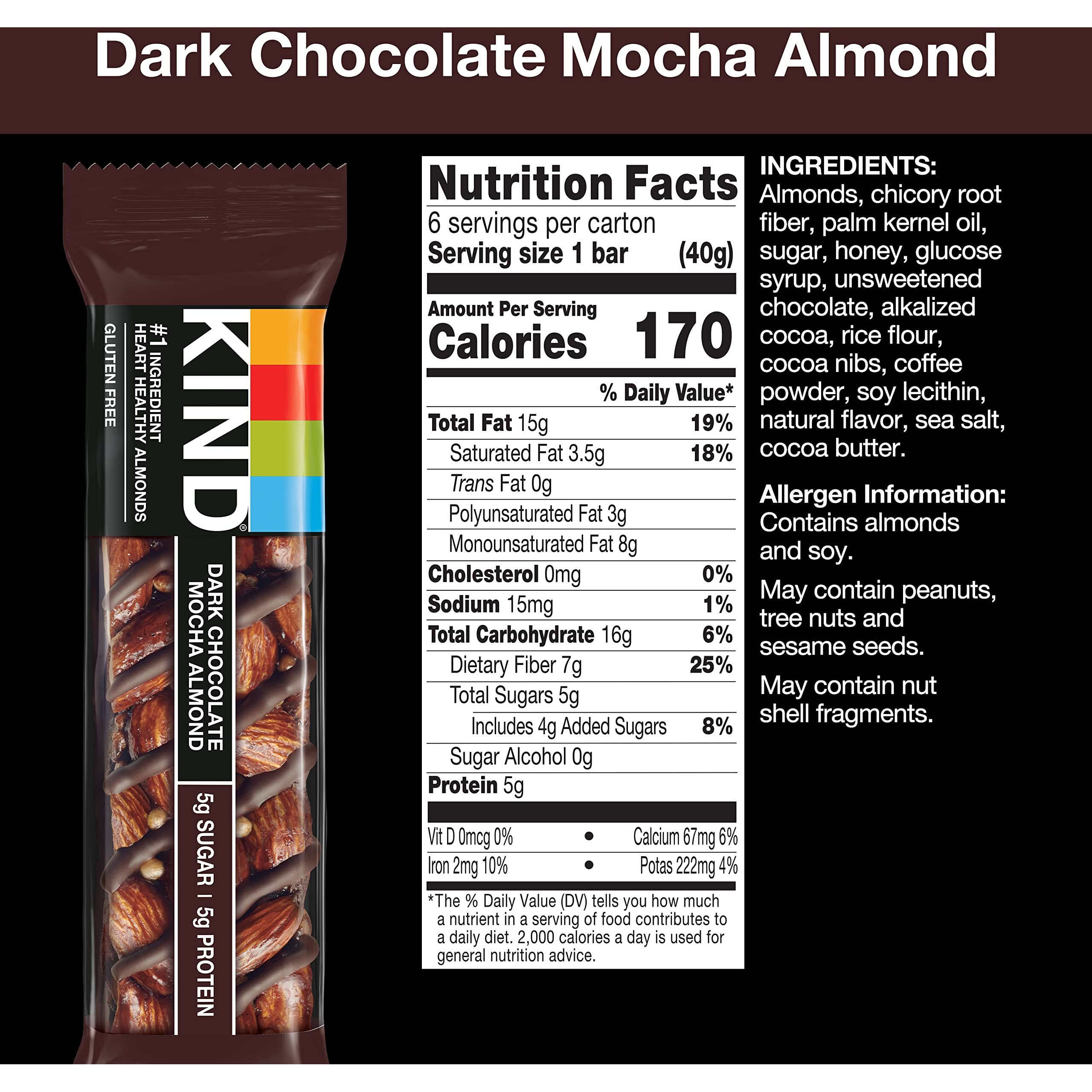 Kind Bars, Dark Chocolate Mocha Almond, Healthy Snacks, Gluten Free, Low Sugar, 5G Protein, 12 Count