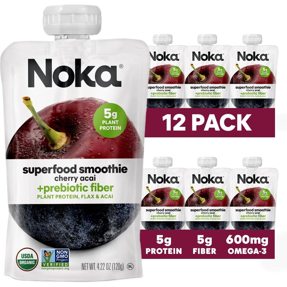 Noka Superfood Fruit Smoothie Pouches, Cherry Acai, Healthy Snacks With Flax Seed, Plant Protein And Prebiotic Fiber, Vegan And Gluten Free Snacks, Organic Squeeze Pouch, 4.22 Oz, 12 Count