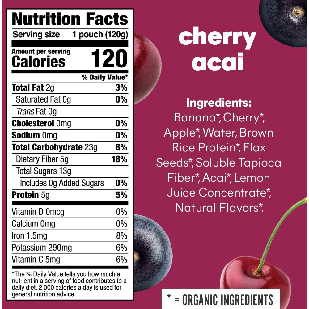 Noka Superfood Fruit Smoothie Pouches, Cherry Acai, Healthy Snacks With Flax Seed, Plant Protein And Prebiotic Fiber, Vegan And Gluten Free Snacks, Organic Squeeze Pouch, 4.22 Oz, 12 Count