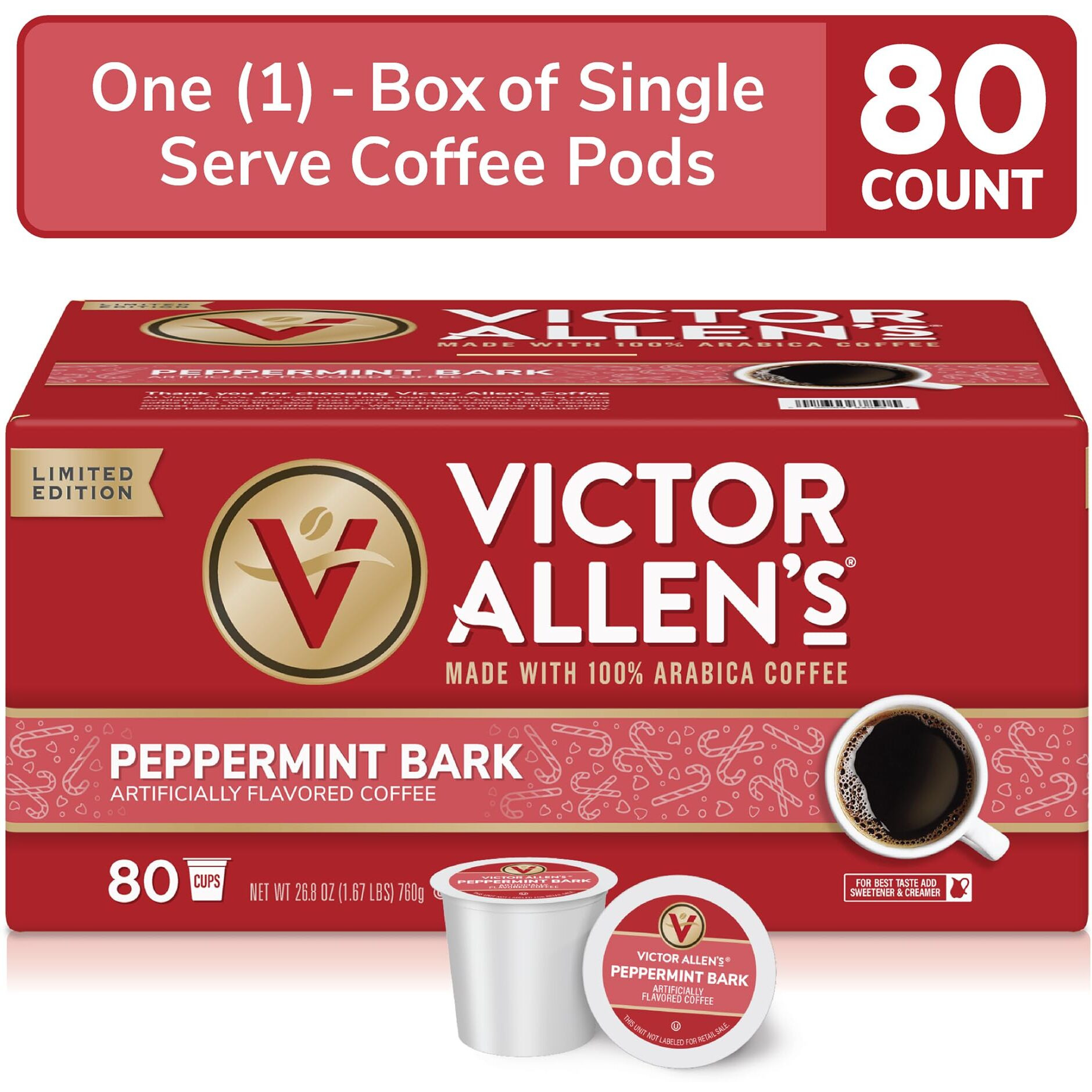 Victor Allen's Coffee Peppermint Bark Flavored, Medium Roast, 80 Count, Single Serve Coffee Pods For Keurig K-Cup Brewers