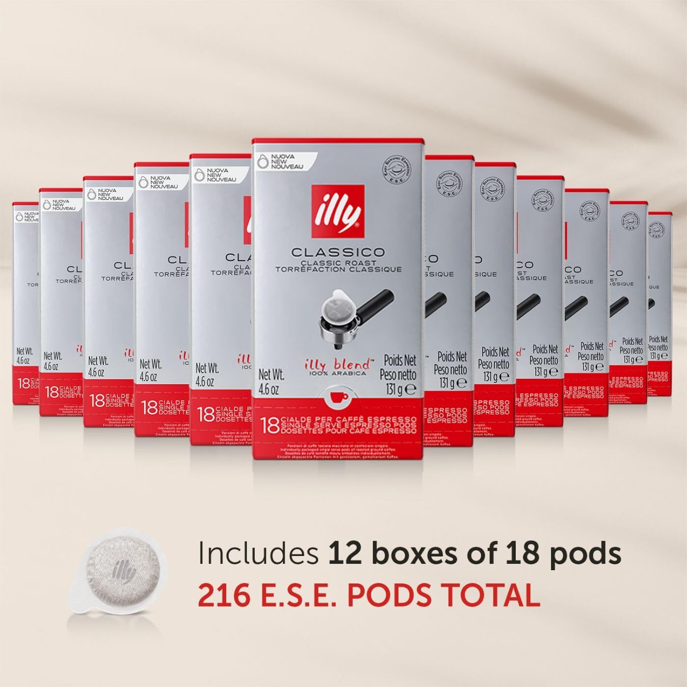 Illy E.S.E. Coffee - Single-Serve Coffee Capsules & Pods - Classico Medium Roast - Notes Of Chocolate & Caramel - For E.S.E Coffee Machines - Extraordinary Aroma & Body - 18 Count, 12 Pack