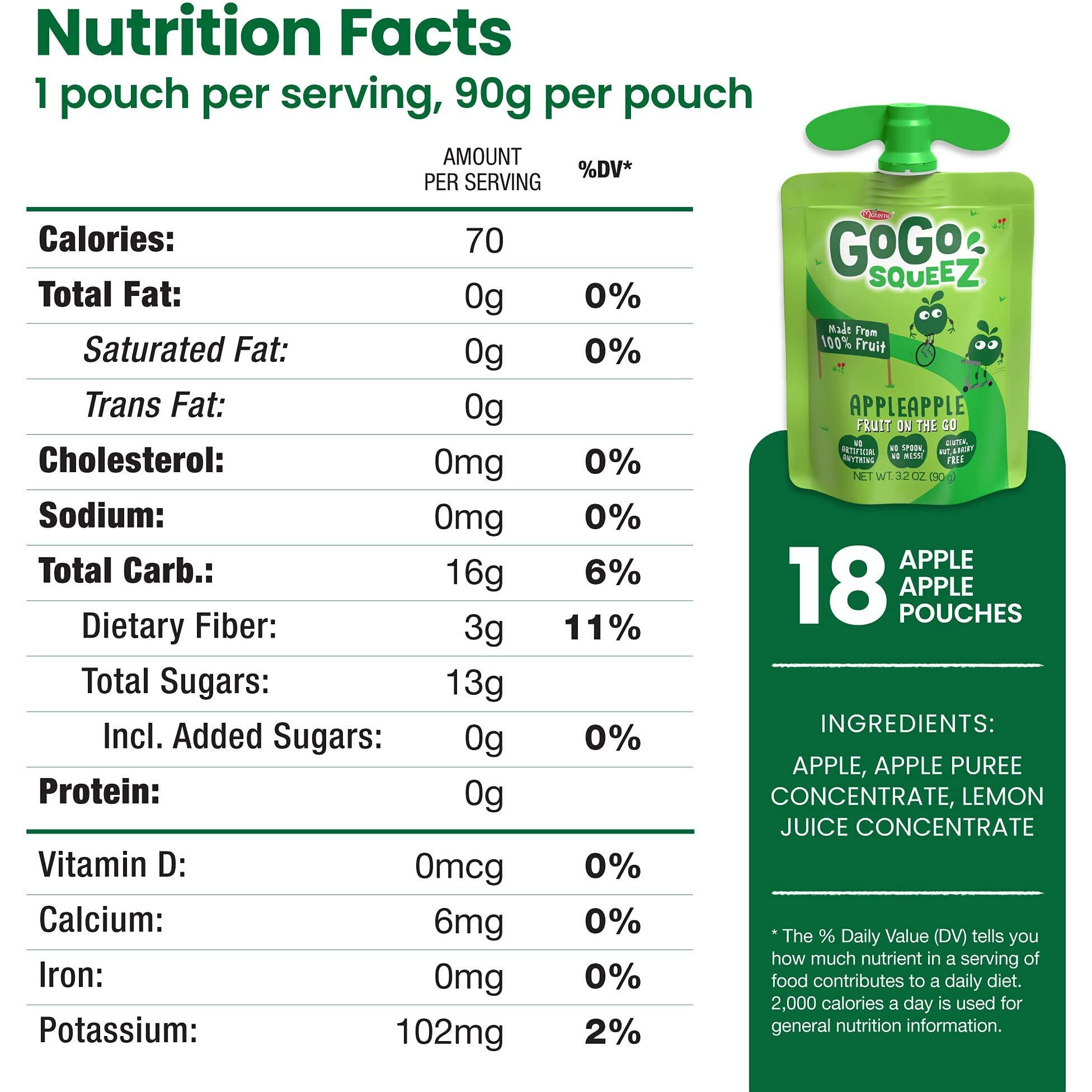 Gogo Squeez Fruit On The Go, Apple Apple, 3.2 Oz (Pack Of 18), Unsweetened Fruit Snacks For Kids, Gluten Free, Nut And Dairy Free, Recloseable Cap, Bpa Free Pouches