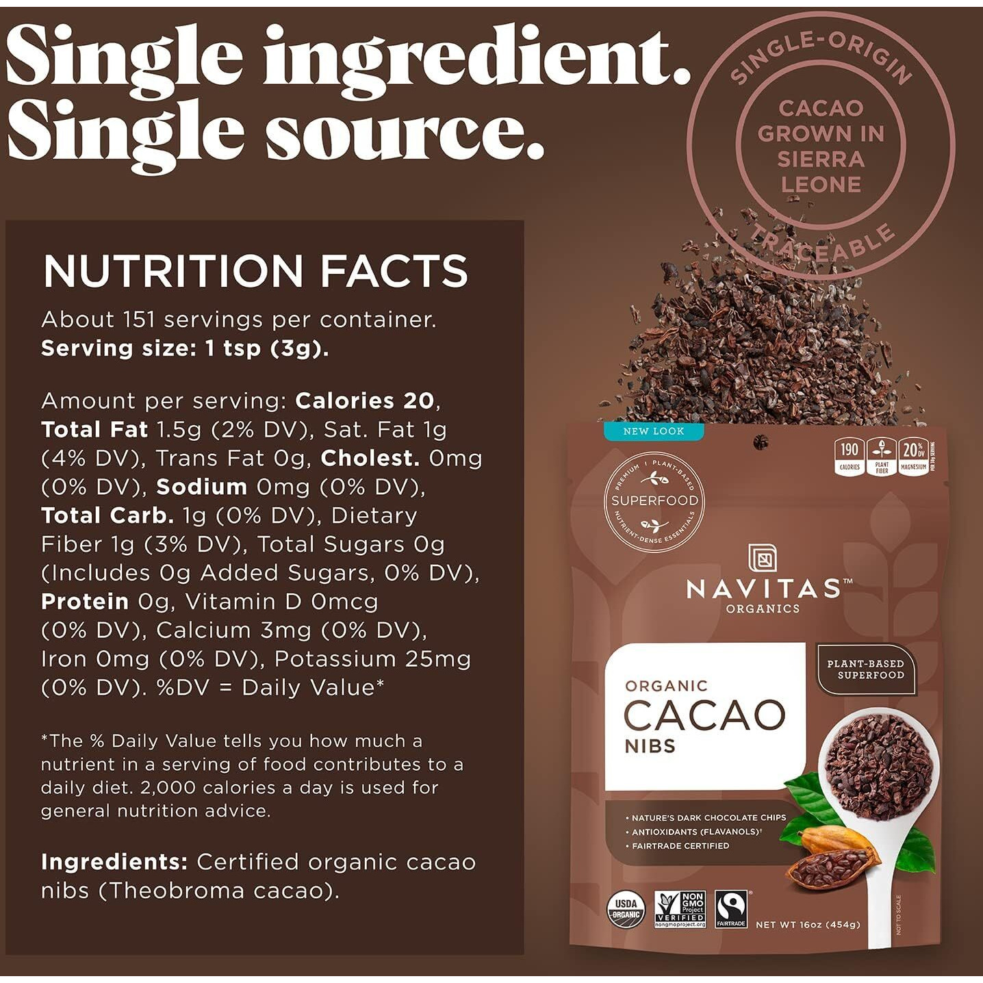 Navitas Organics Raw Cacao Nibs, 16Oz. Bag, 15 Servings - Organic, Non-Gmo, Fair Trade, Gluten-Free