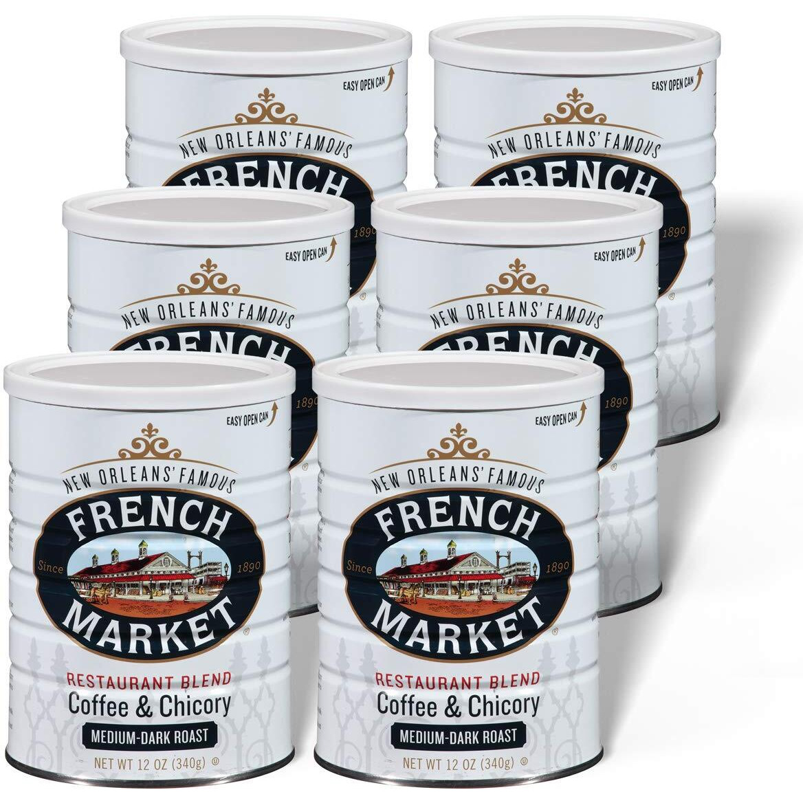 French Market Coffee, Coffee & Chicory Restaurant Blend, Medium-Dark Roast Ground Coffee, 12-Ounce Metal Can (Pack Of 6)