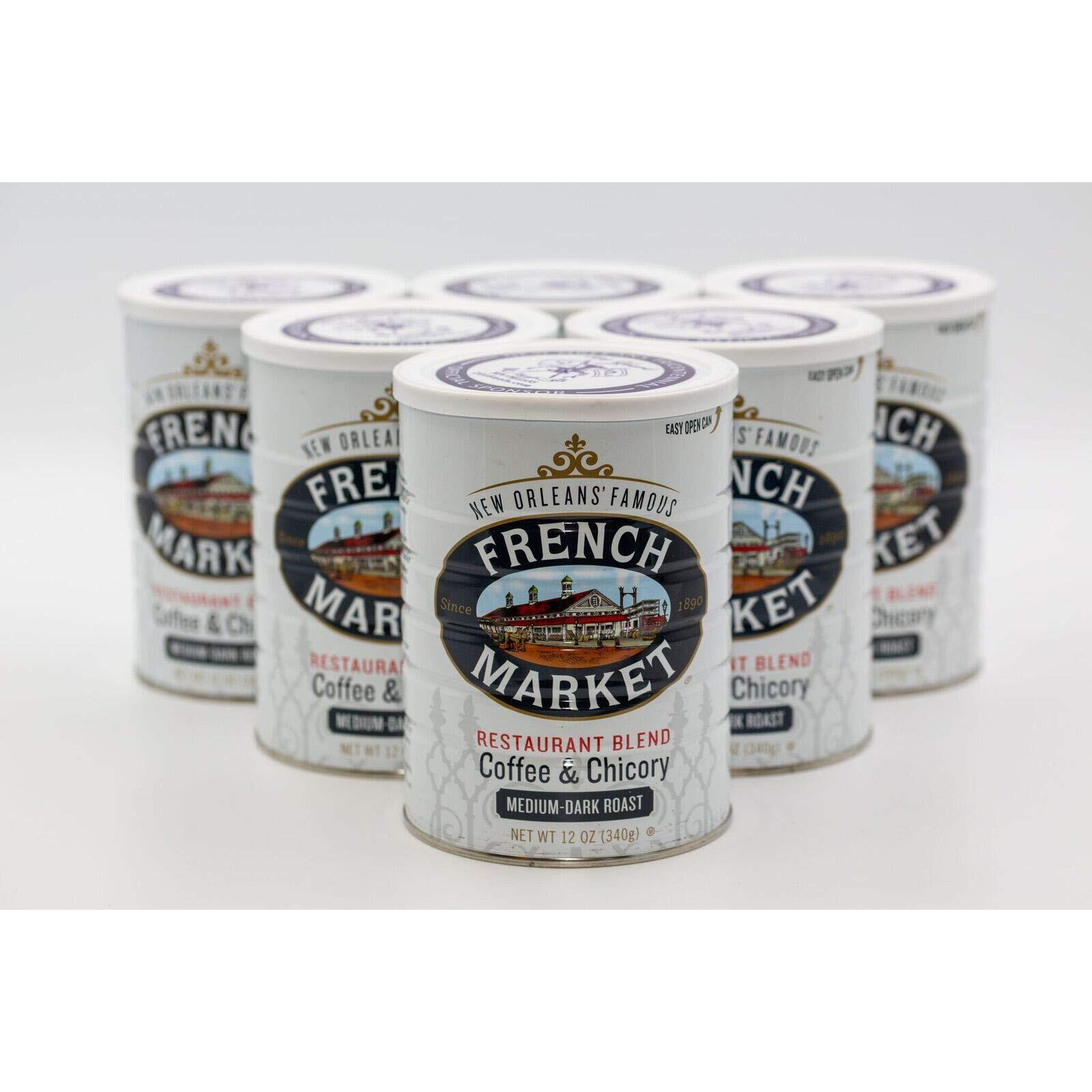 French Market Coffee, Coffee & Chicory Restaurant Blend, Medium-Dark Roast Ground Coffee, 12-Ounce Metal Can (Pack Of 6)