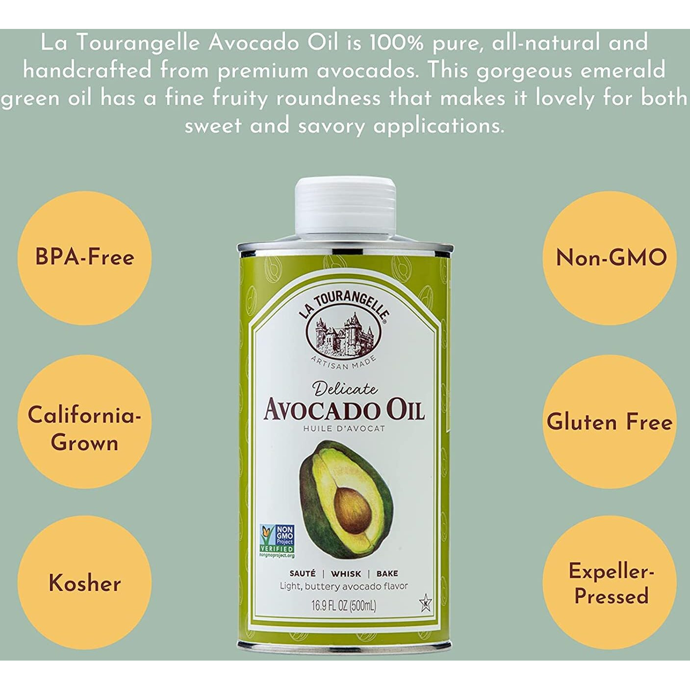 La Tourangelle, Avocado Oil, All-Natural Handcrafted From Premium Avocados, Great For Cooking, As Butter Substitute, And For Skin And Hair, 16.9 Fl Oz