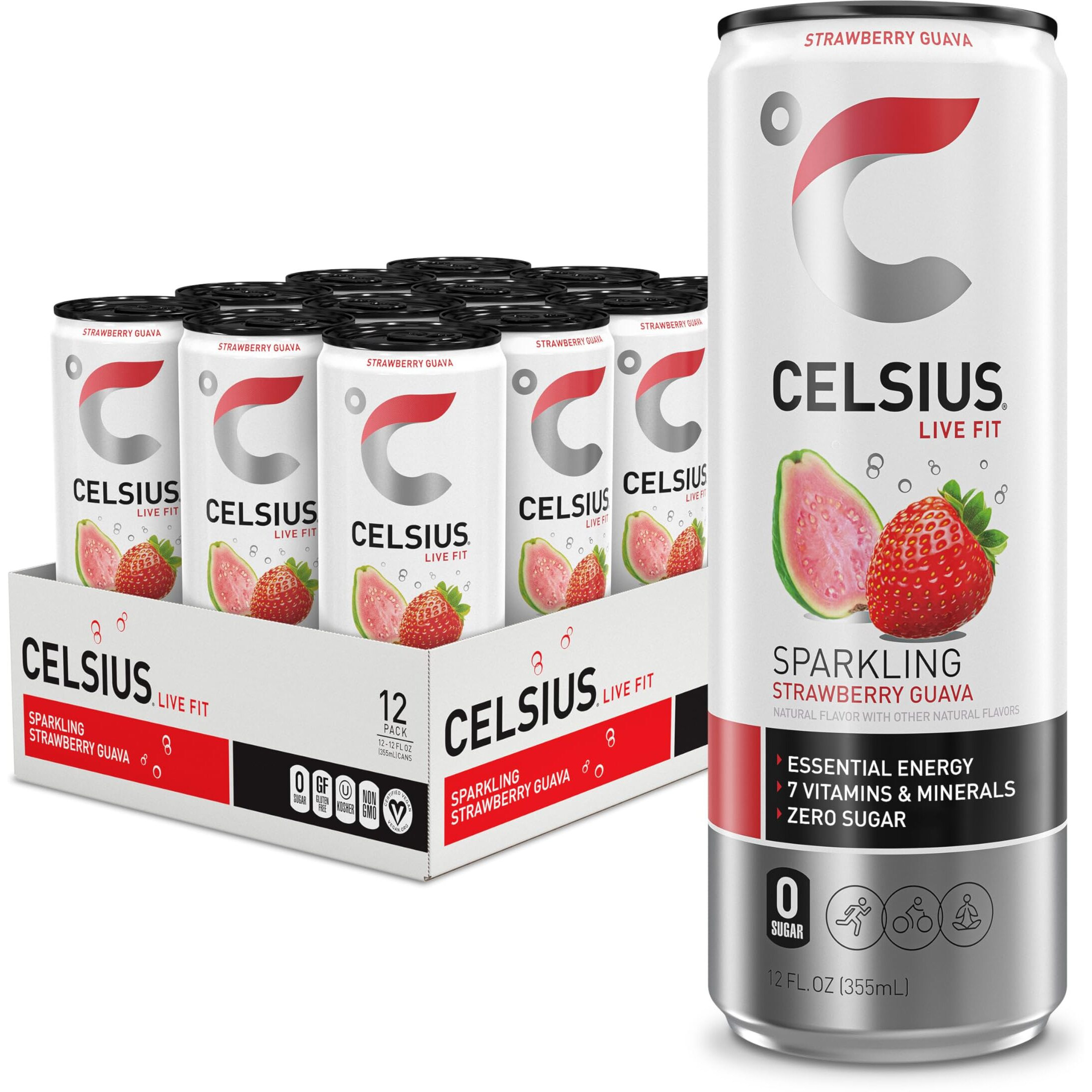 Celsius Sparkling Strawberry Guava, Functional Essential Energy Drink 12 Fl Oz (Pack Of 12)