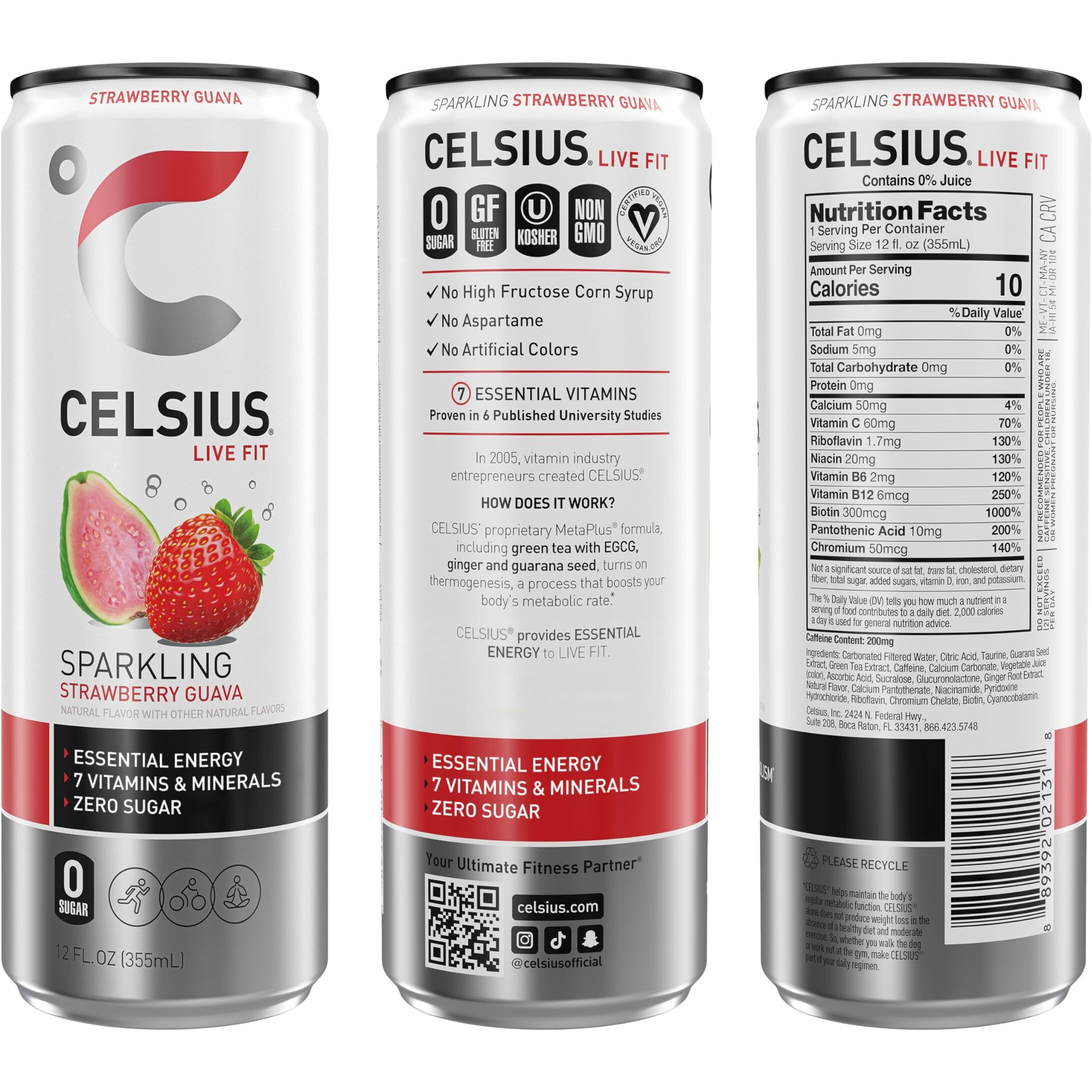 Celsius Sparkling Strawberry Guava, Functional Essential Energy Drink 12 Fl Oz (Pack Of 12)