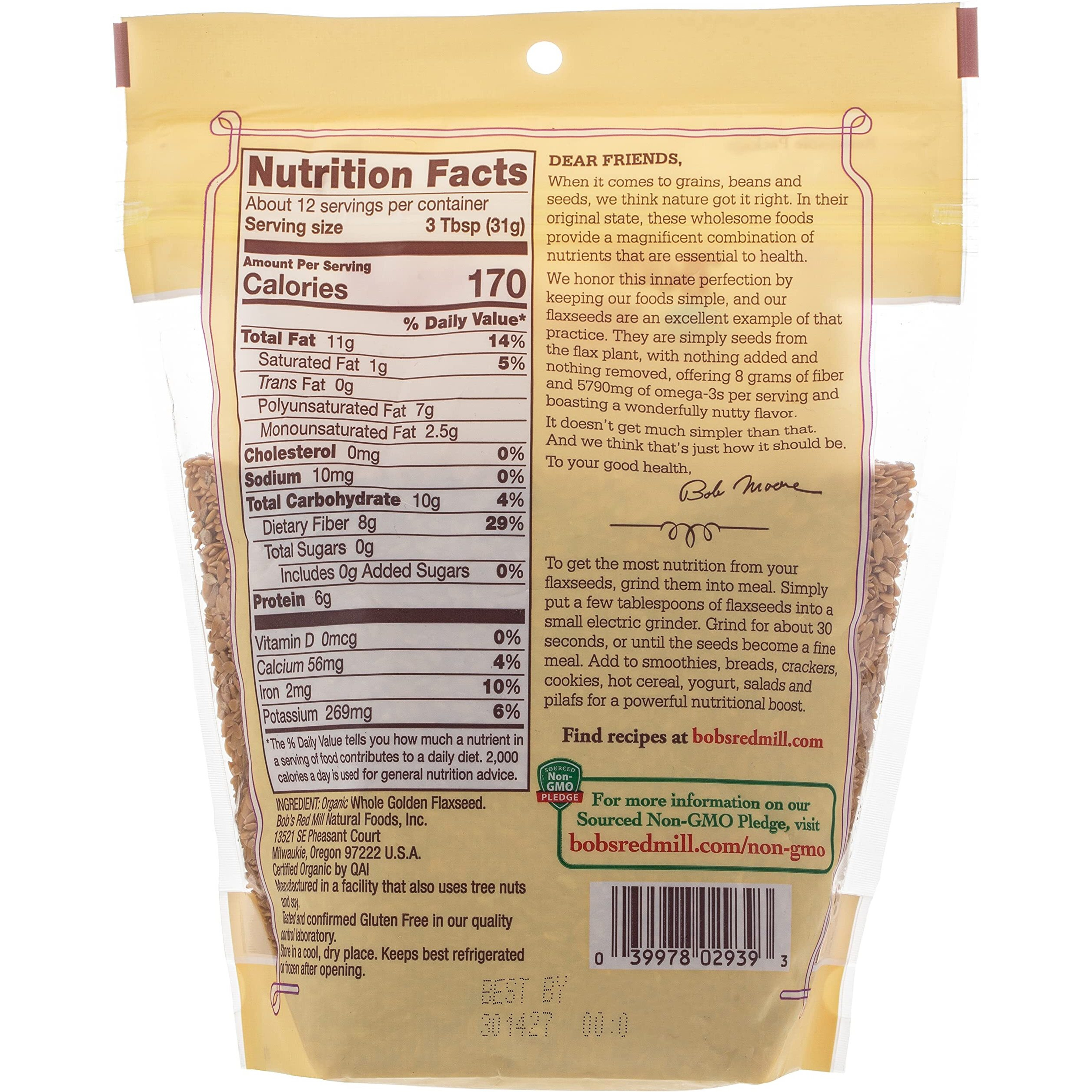 Bob's Red Mill Resealable Organic Whole Golden Flaxseed, 13 Ounce (Pack Of 1)
