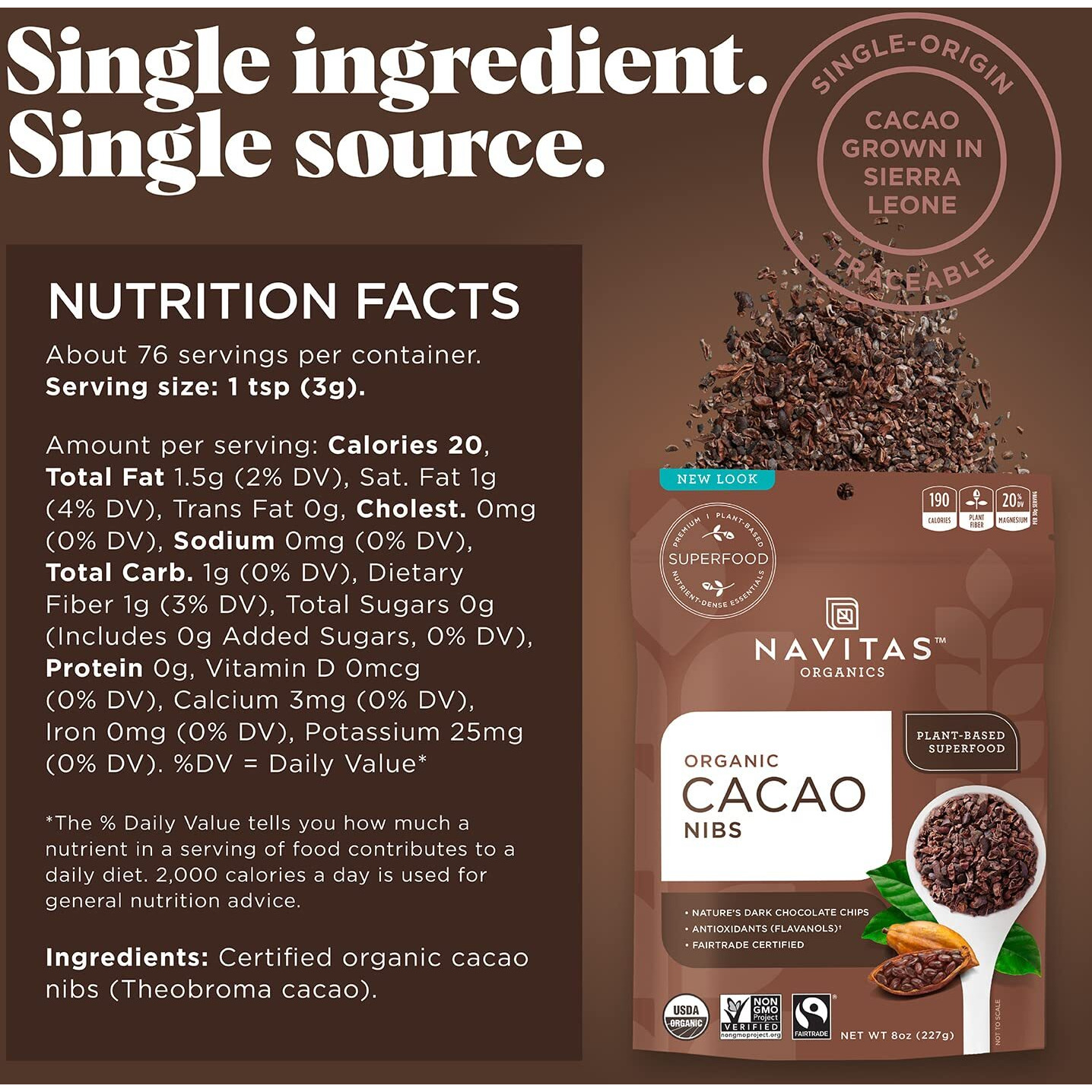 Navitas Organics Raw Cacao Nibs, 8 Oz. Bag, 76 Servings - Organic, Non-Gmo, Fair Trade, Gluten-Free