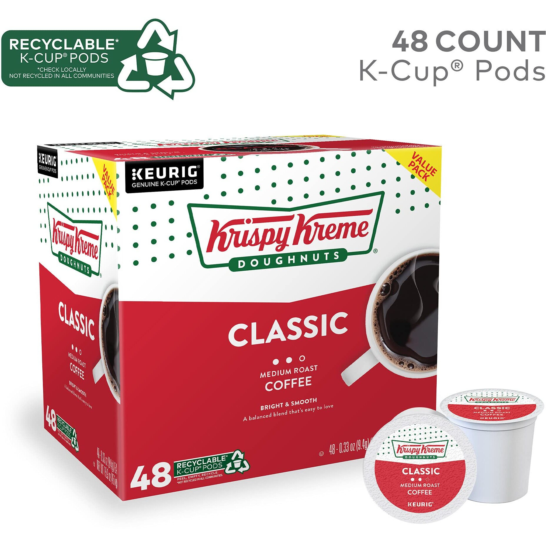 Krispy Kreme Doughnuts Classic, Keurig Single Serve K-Cup Pods, Medium Roast Coffee 48 Count