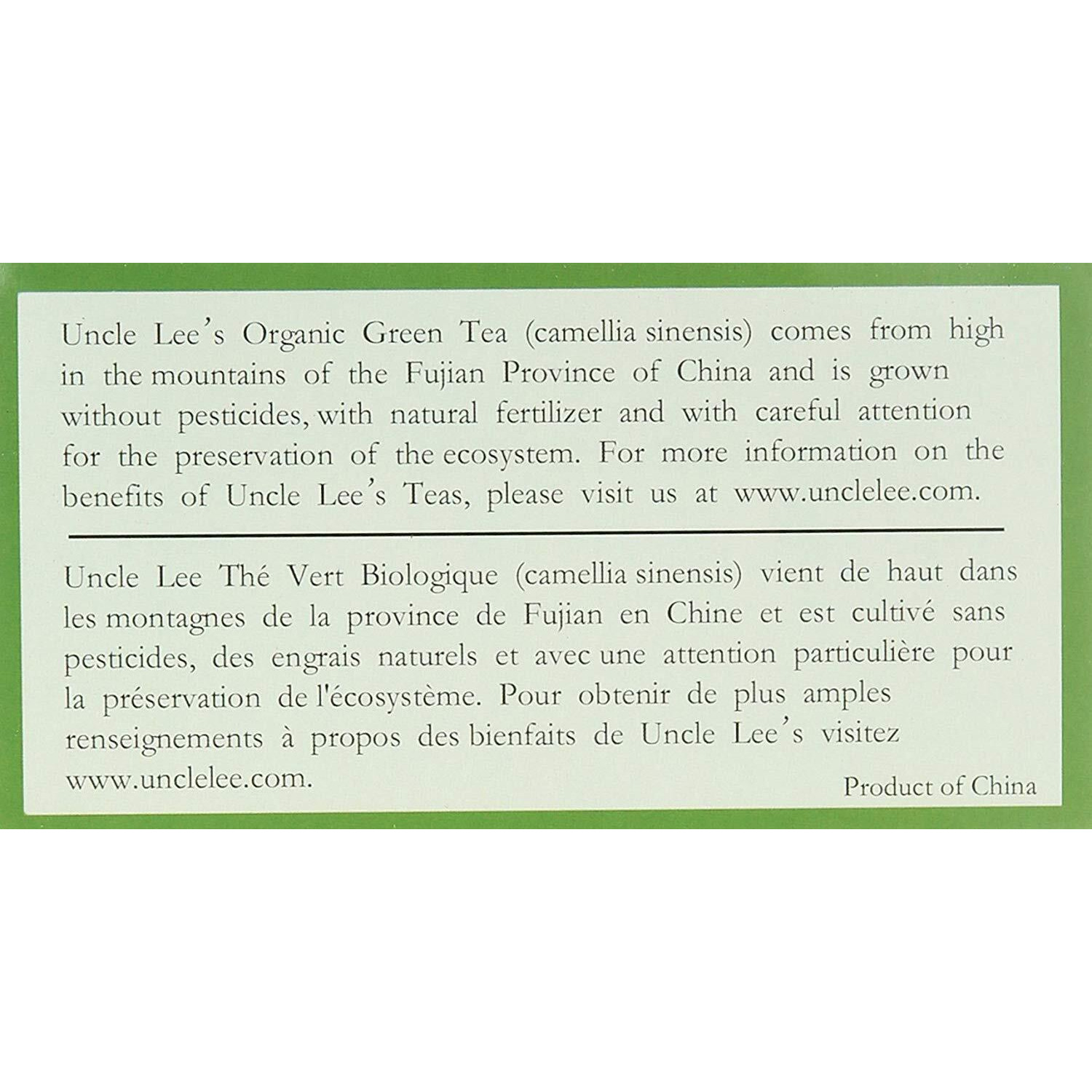 Uncle Lee's Organic Green Tea -- 100 Tea Bags Net Wt 5.64 Oz (160G)