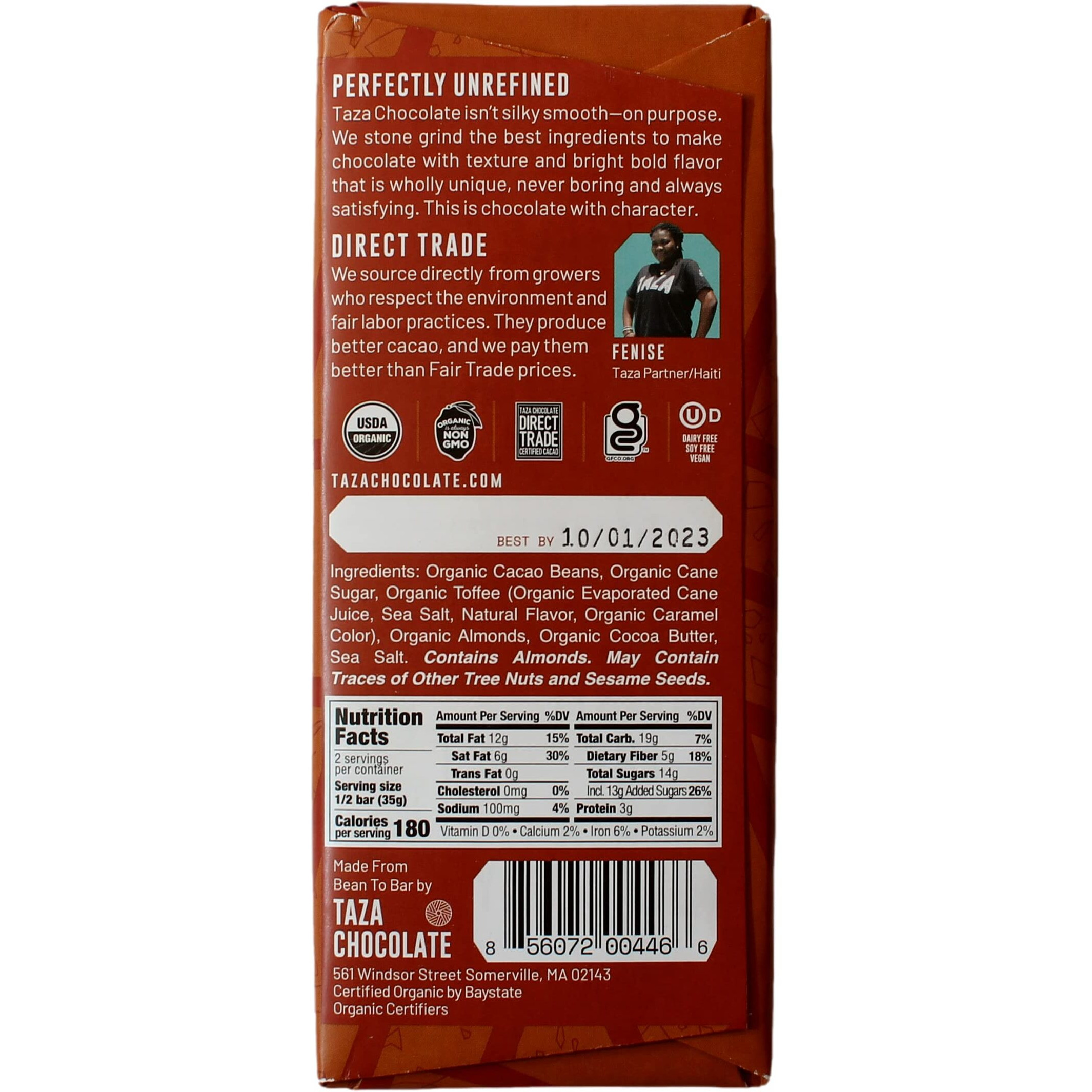 Taza Chocolate Organic Amaze Bar 60% Stone Ground, Toffee Almond Sea Salt, 2.5 Ounce (1 Count), Vegan