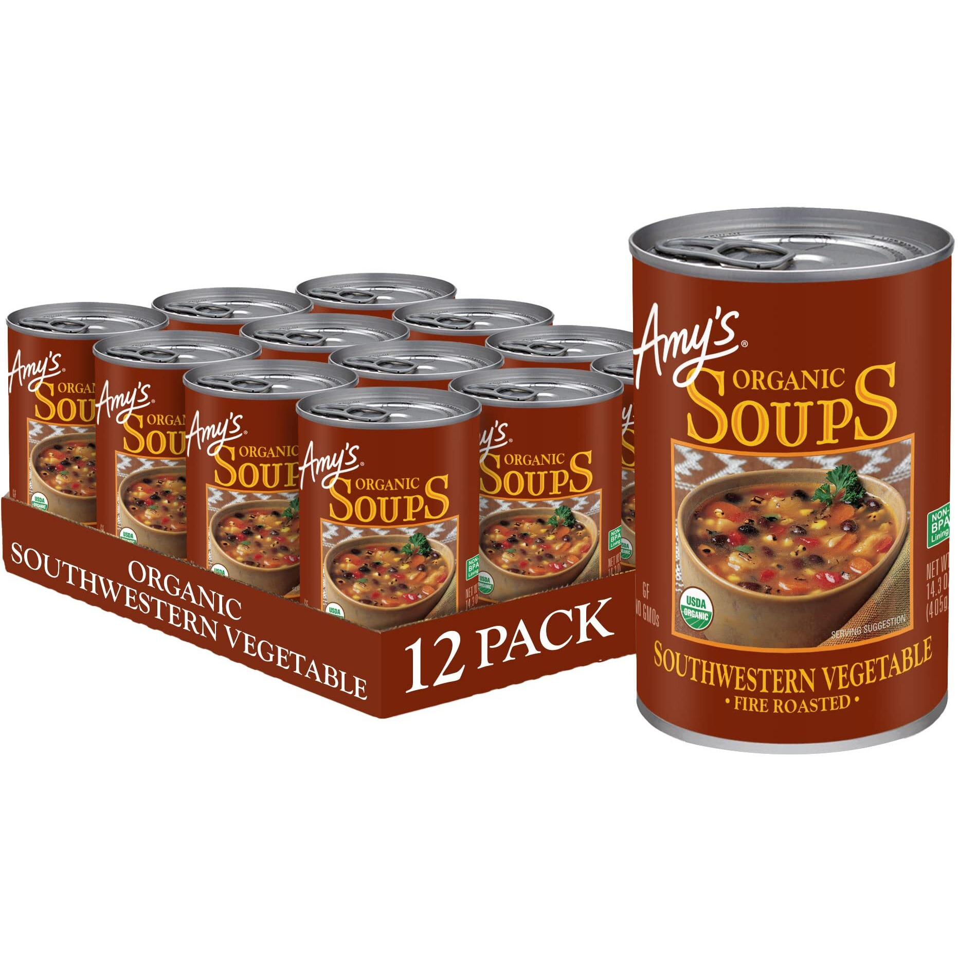 Amys Soup, Vegan Fire Roasted Southwestern Vegetable Soup With Organic Black Beans, Gluten Free, Canned Soup, 14.3 Oz (12 Pack)