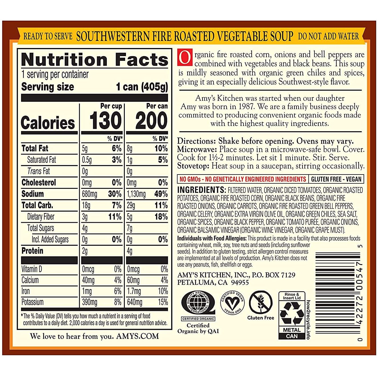 Amys Soup, Vegan Fire Roasted Southwestern Vegetable Soup With Organic Black Beans, Gluten Free, Canned Soup, 14.3 Oz (12 Pack)