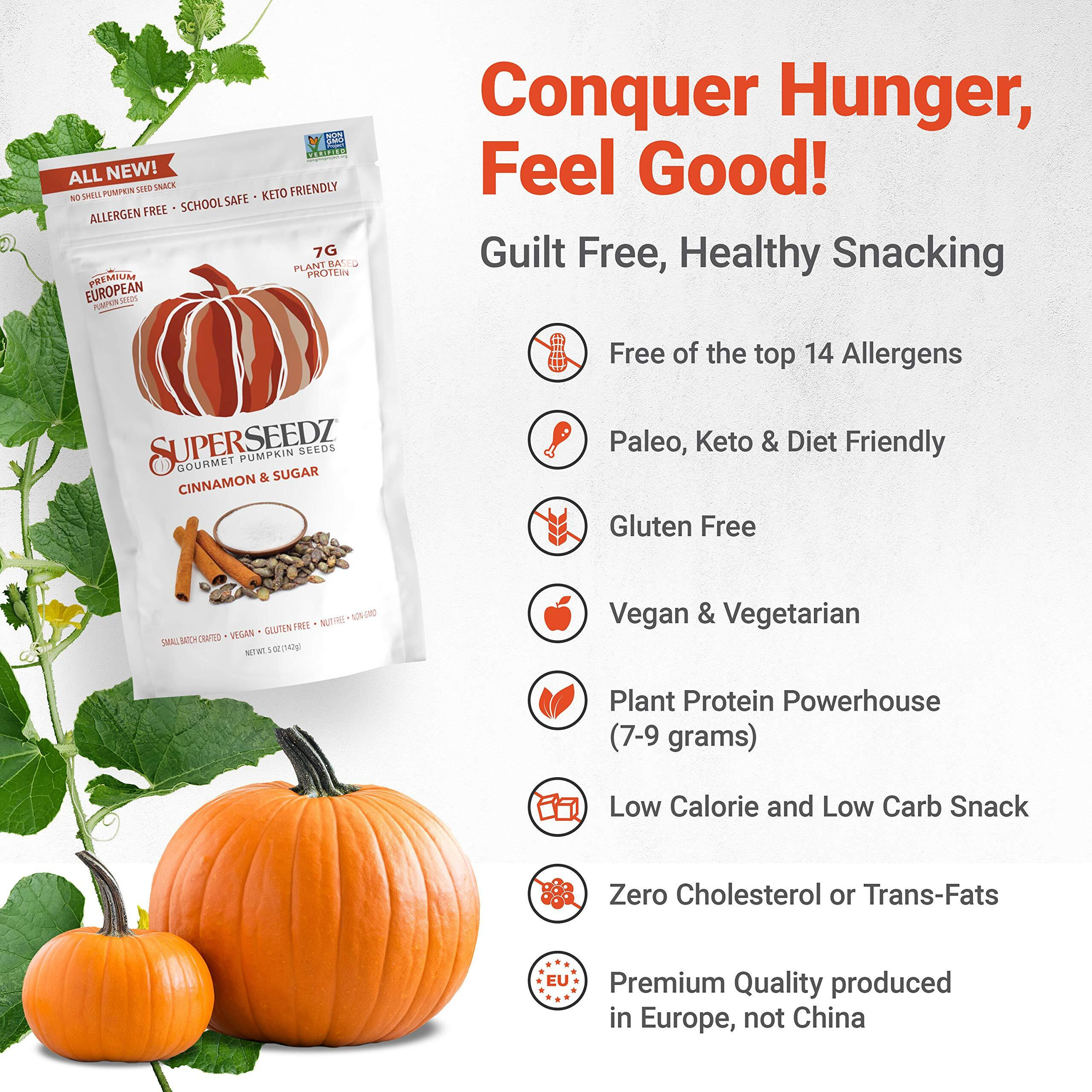 Superseedz Dry Roasted Pumpkin Seeds - Cinnamon & Sugar Pepitas, Vegan, Whole 30, Paleo, Healthy Snacks, 8G Plant Based Protein, Produced In Usa, Dairy Free, Nut Free, Gluten Free Snack (5Oz, 6-Pack)