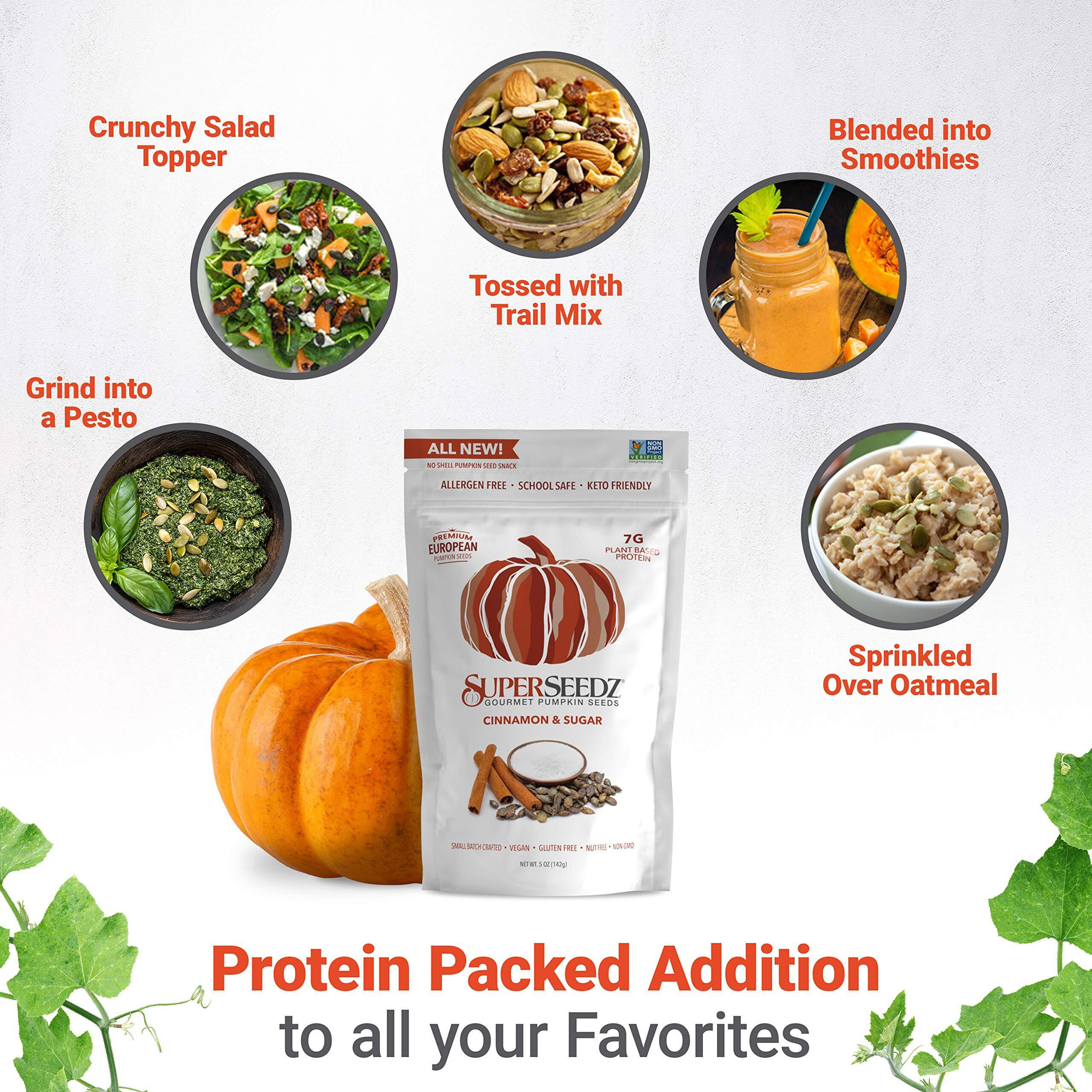 Superseedz Dry Roasted Pumpkin Seeds - Cinnamon & Sugar Pepitas, Vegan, Whole 30, Paleo, Healthy Snacks, 8G Plant Based Protein, Produced In Usa, Dairy Free, Nut Free, Gluten Free Snack (5Oz, 6-Pack)