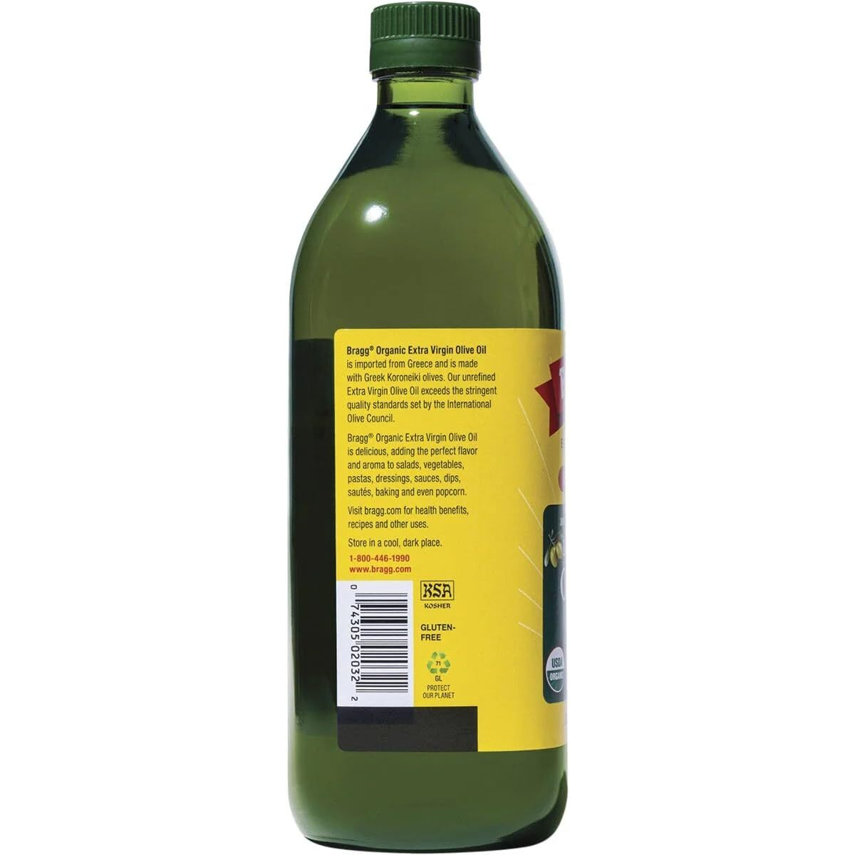 Bragg Organic Extra Virgin Olive Oil - Made With Greek Koroneiki Olives - Cold Pressed Evoo For Marinades & Vinaigrettes - Usda Certified, Non-Gmo, Kosher 32 Oz