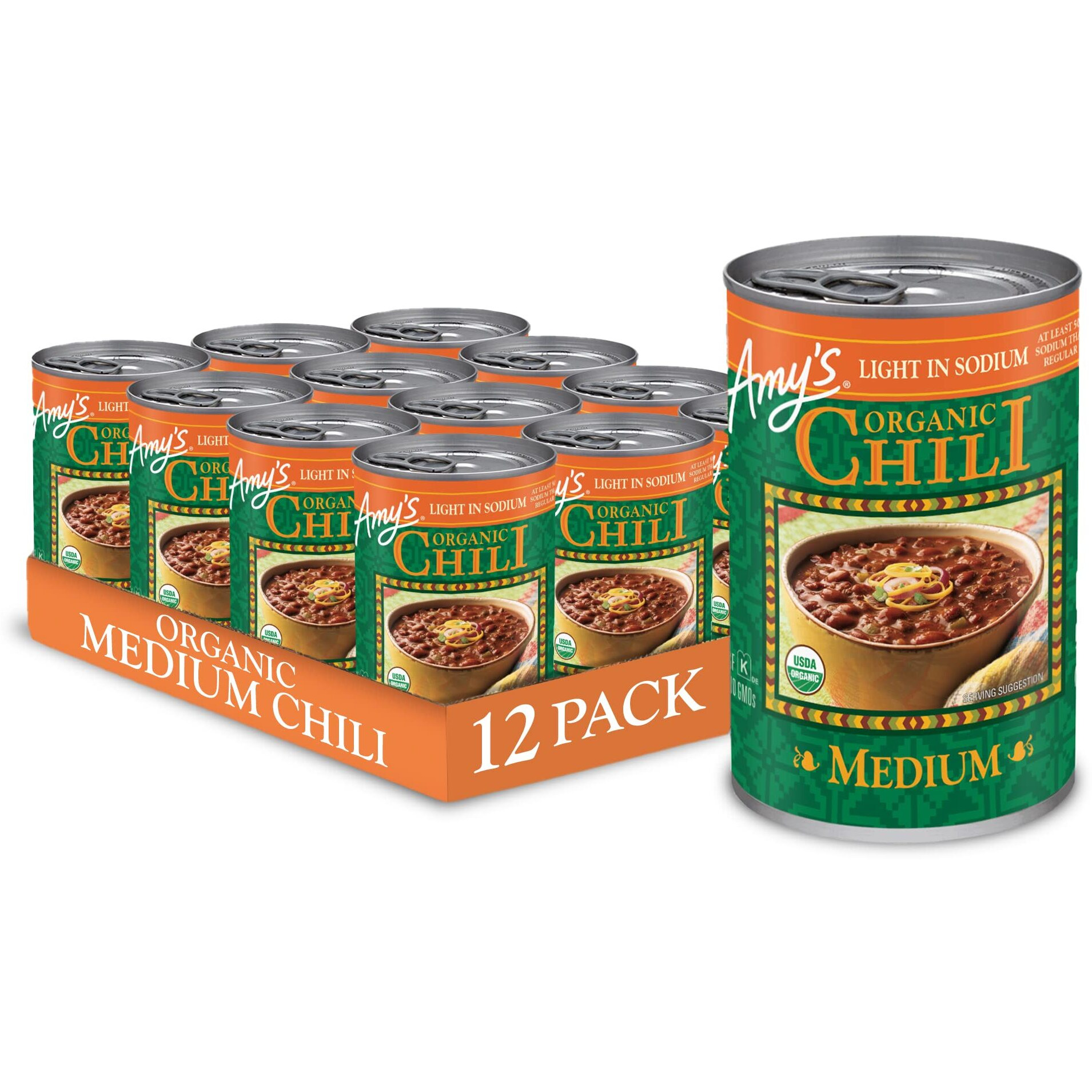 Amy's Organic Chili, Vegan Medium Chili, Light In Sodium, Gluten Free, Made With Organic Red Beans And Tofu, 14.7 Oz (12 Pack)
