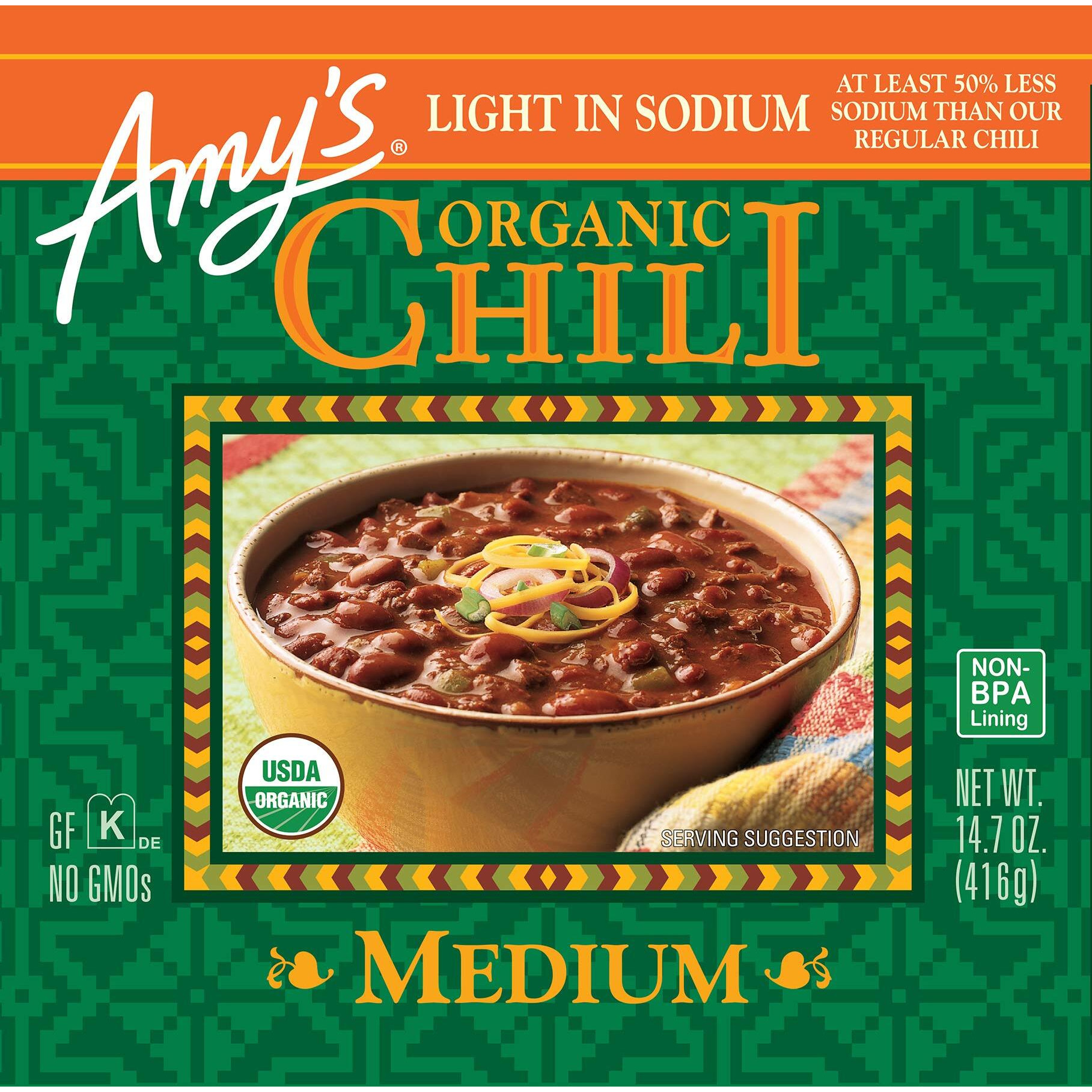 Amy's Organic Chili, Vegan Medium Chili, Light In Sodium, Gluten Free, Made With Organic Red Beans And Tofu, 14.7 Oz (12 Pack)