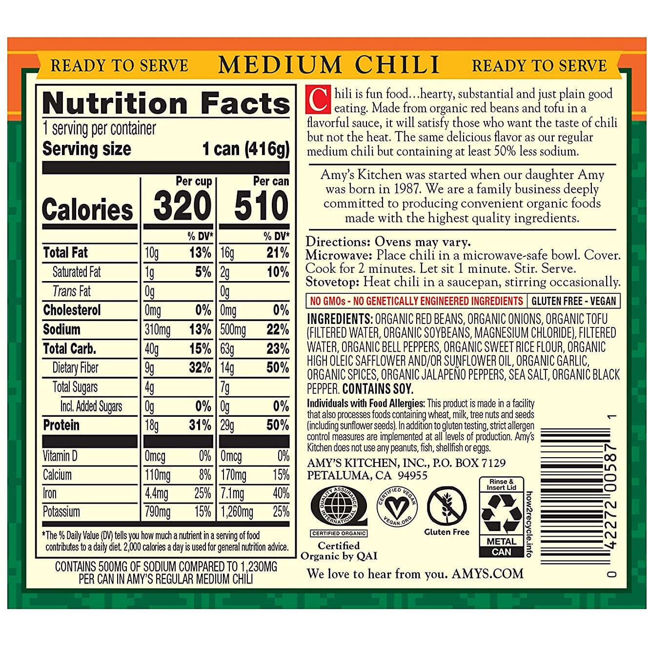 Amy's Organic Chili, Vegan Medium Chili, Light In Sodium, Gluten Free, Made With Organic Red Beans And Tofu, 14.7 Oz (12 Pack)