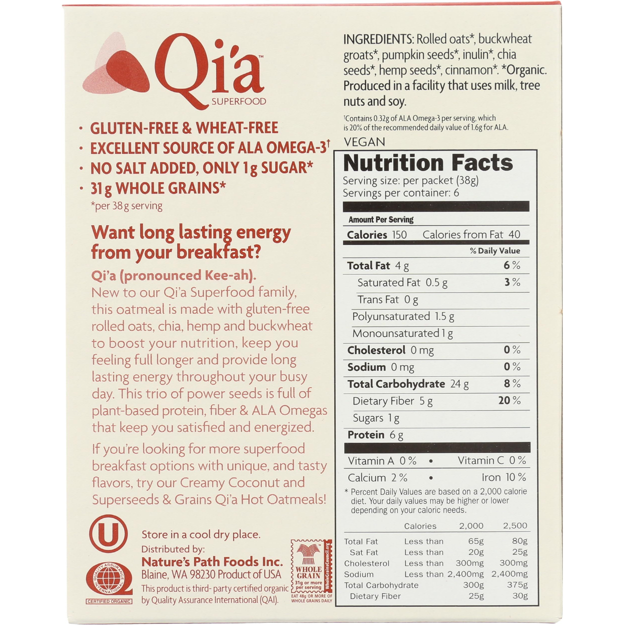 Nature's Path Qia Superfood Gluten-Free Oatmeal - Cinnamon Pumpkin Seed (6 Packets / Box)