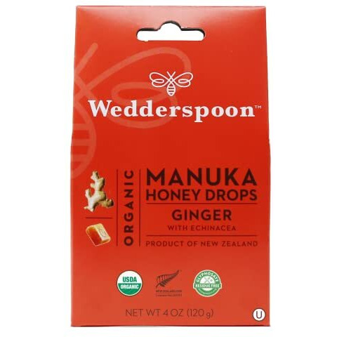 Wedderspoon Organic Manuka Honey Drops, Ginger & Echinacea, 20 Count (Pack Of 1) | Genuine New Zealand Honey | Perfect Remedy For Dry Throats