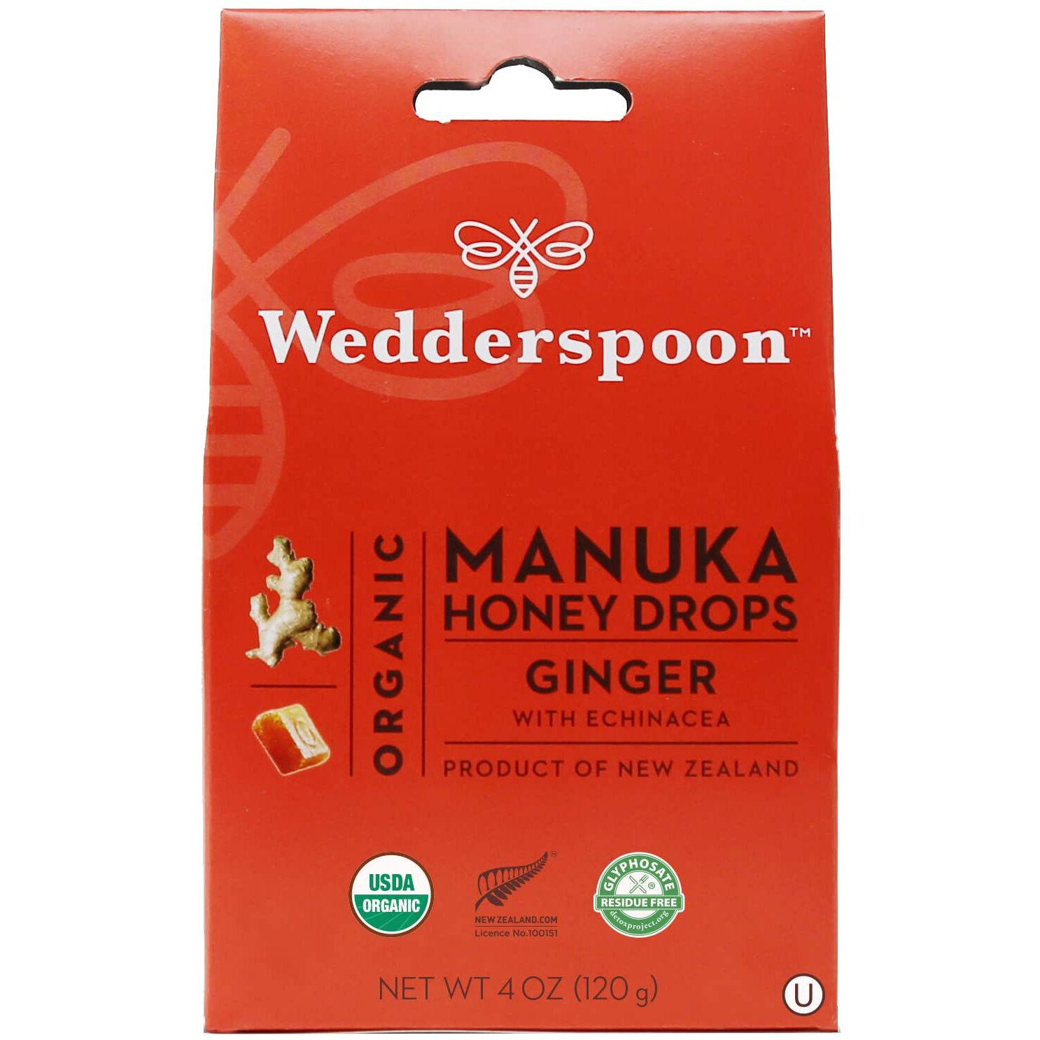 Wedderspoon Organic Manuka Honey Drops, Ginger & Echinacea, 20 Count (Pack Of 1) | Genuine New Zealand Honey | Perfect Remedy For Dry Throats