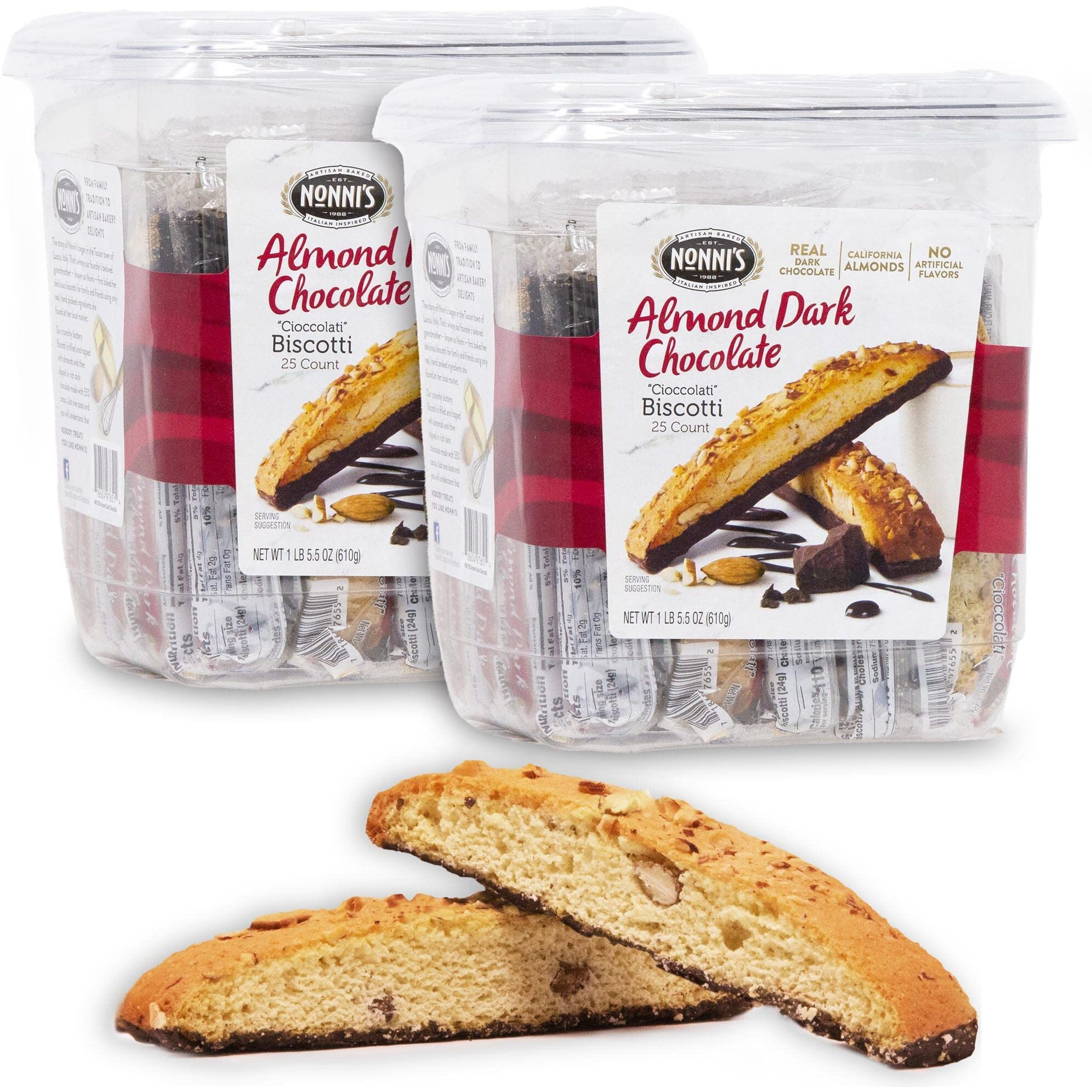 Nonni's Biscotti Italian Cookies - 2 Pack - Italian Biscotti Cookies - Biscotti Individually Wrapped Cookies W/Premium California Almonds & Dark Chocolate - Kosher Coffee Cookies - 21 Oz - B - C6