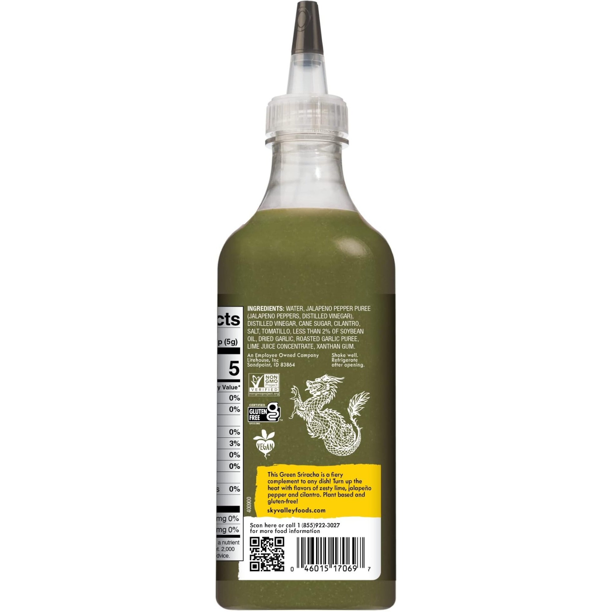 Sky Valley Green Sriracha Sauce - Hot Sauce, Lime, Jalapeo Pepper And Cilantro, Gluten Free, Vegan, Non-Gmo, Low Sugar, 5 Calories Per Serving, Pair With Pizza, Wings & Chicken - Sriracha Hot Sauce, 18.5 Oz - C12