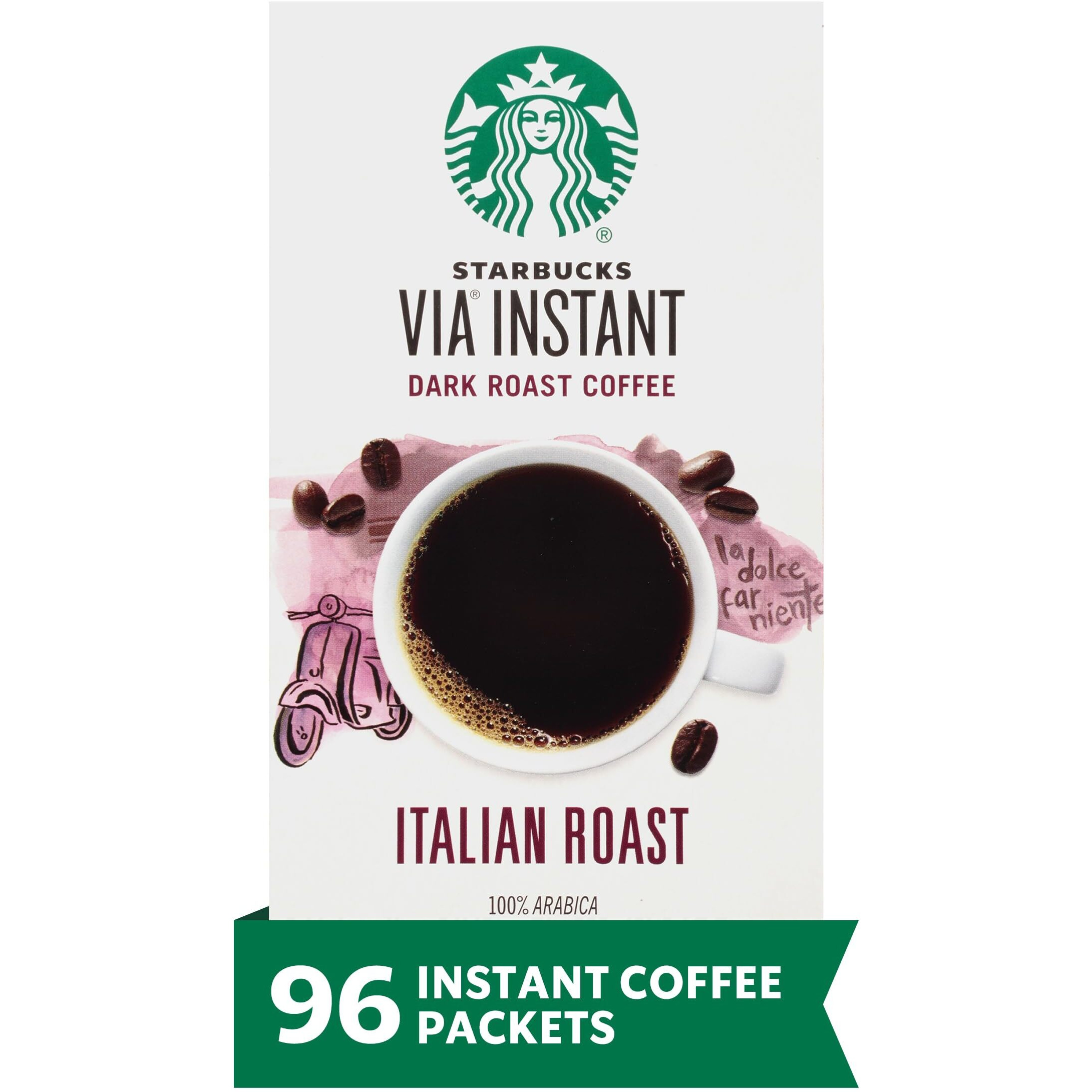 Starbucks Via Instant Coffee-Dark Roast Coffee-Italian Roast-100% Arabica-12 Boxes (96 Packets Total)