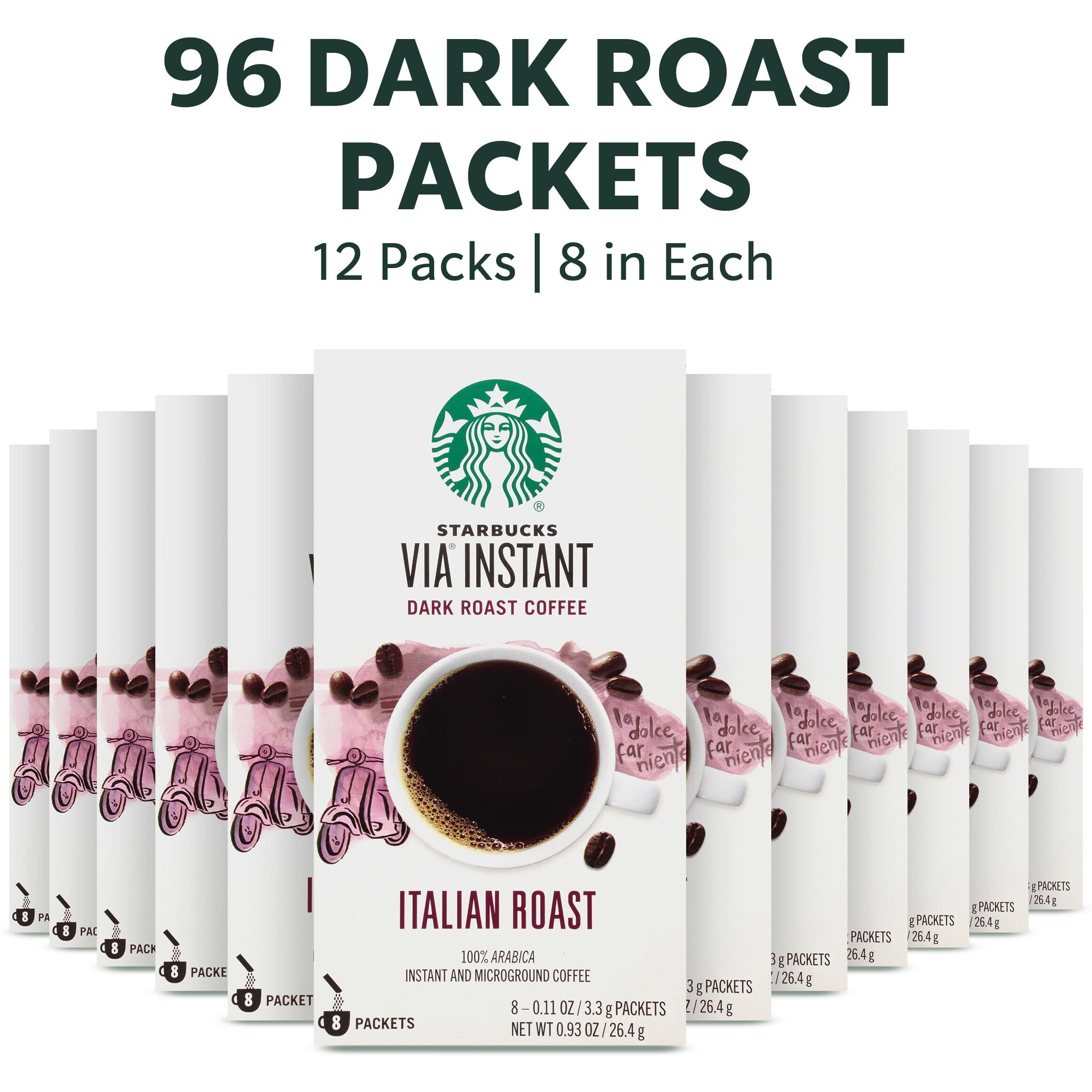 Starbucks Via Instant Coffee-Dark Roast Coffee-Italian Roast-100% Arabica-12 Boxes (96 Packets Total)
