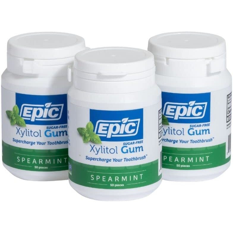 Epic Xylitol Chewing Gum - Sugar Free & Aspartame Free Chewing Gum Sweetened W/Xylitol For Dry Mouth & Gum Health (Spearmint, 50-Piece Bottle, 3 Bottles)