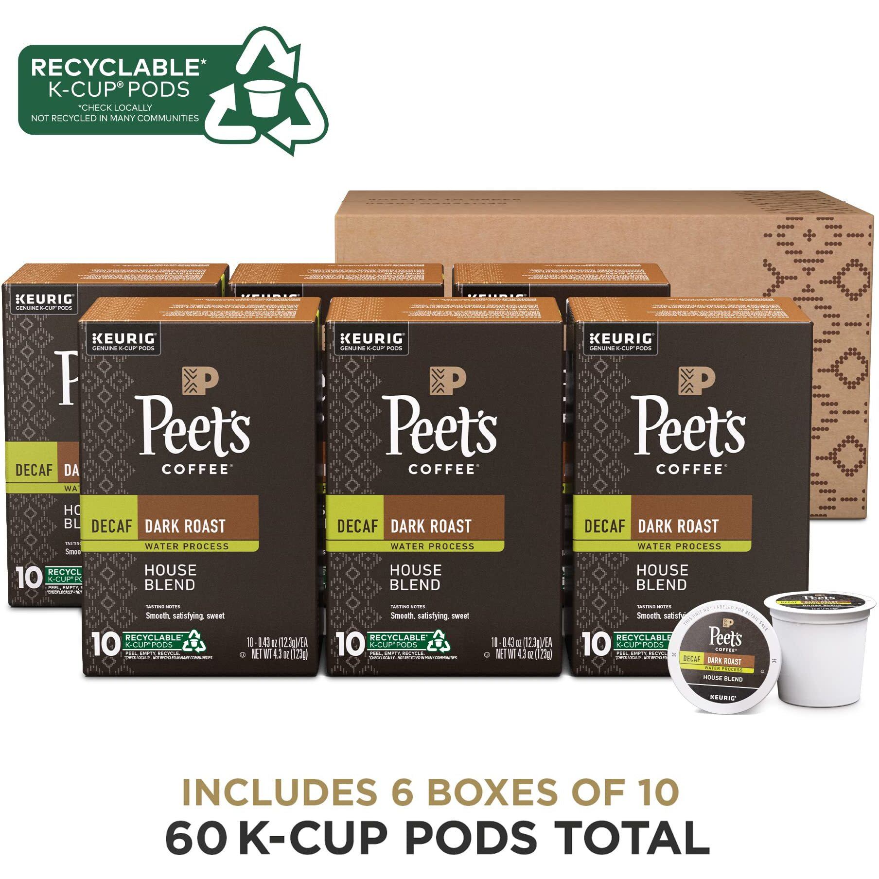 Peet's Coffee, Dark Roast Decaffeinated Coffee K-Cup Pods For Keurig Brewers - Decaf House Blend 60 Count (6 Boxes Of 10 K-Cup Pods)