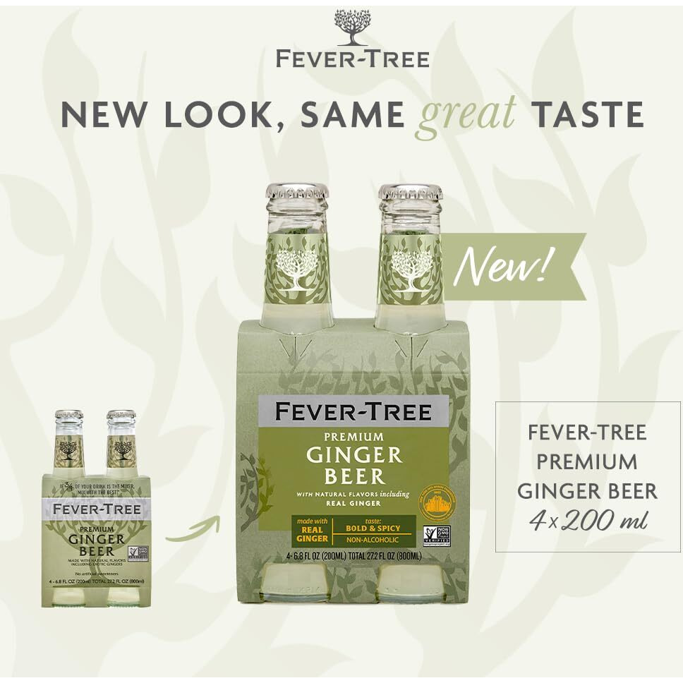 Fever Tree Ginger Beer - Premium Quality Mixer - Refreshing Beverage For Cocktails & Mocktails. Naturally Sourced Ingredients, No Artificial Sweeteners Or Colors - 200 Ml Bottles - Pack Of 24