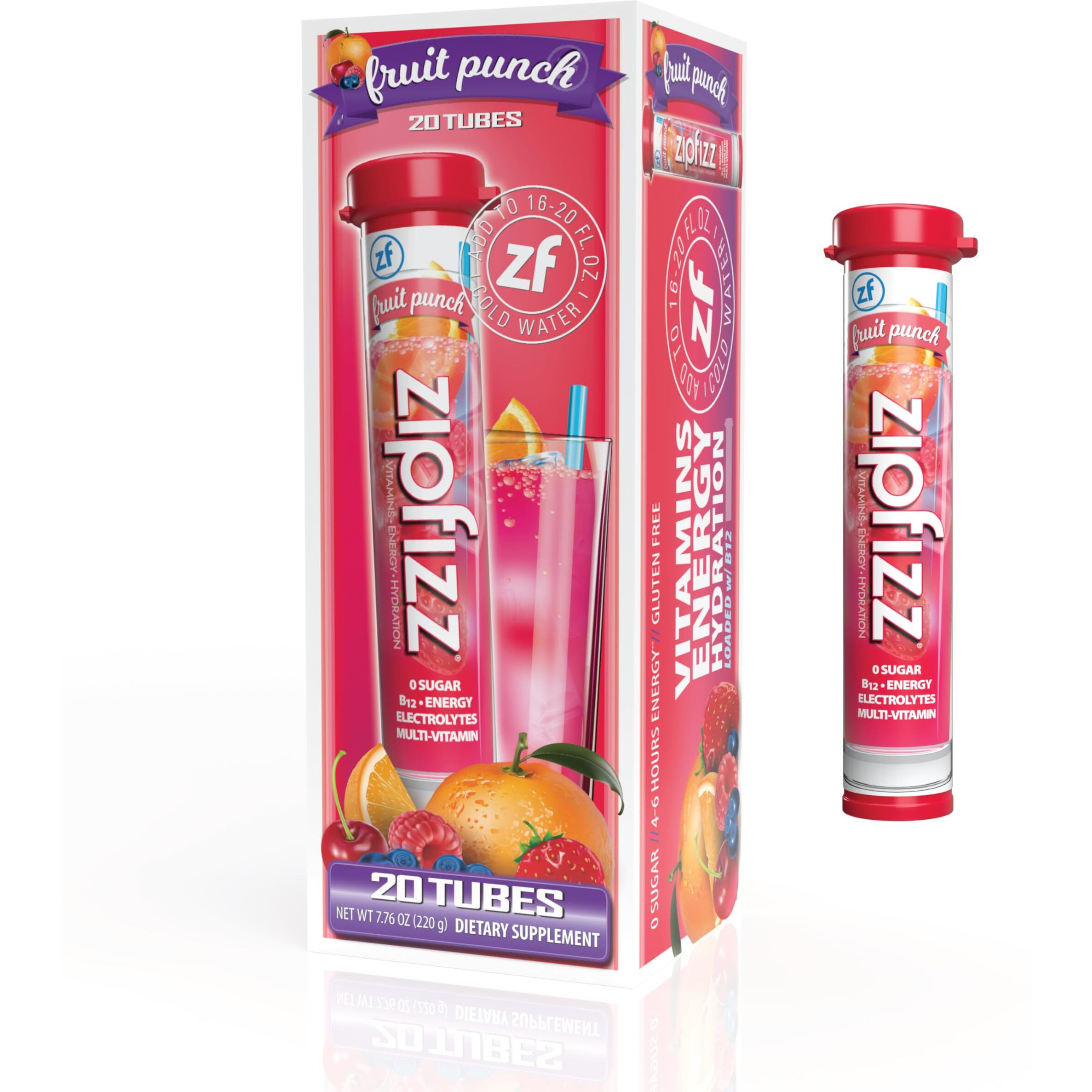 Zipfizz Energy Drink Mix, Electrolyte Hydration Powder With B12, Antioxidants, Electrolytes And Multi Vitamin, Fruit Punch (20 Count)