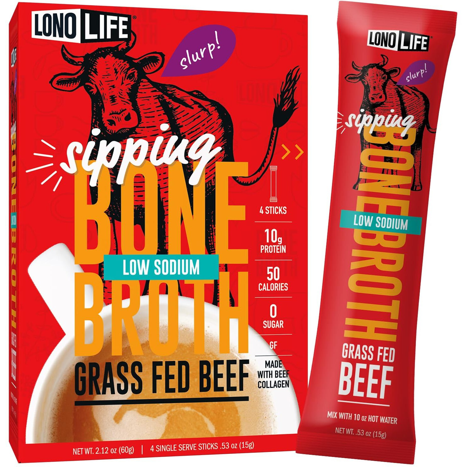 Lonolife Low-Sodium Beef Bone Broth Sticks 10G Protein, Keto-Friendly - 24 Portable Servings