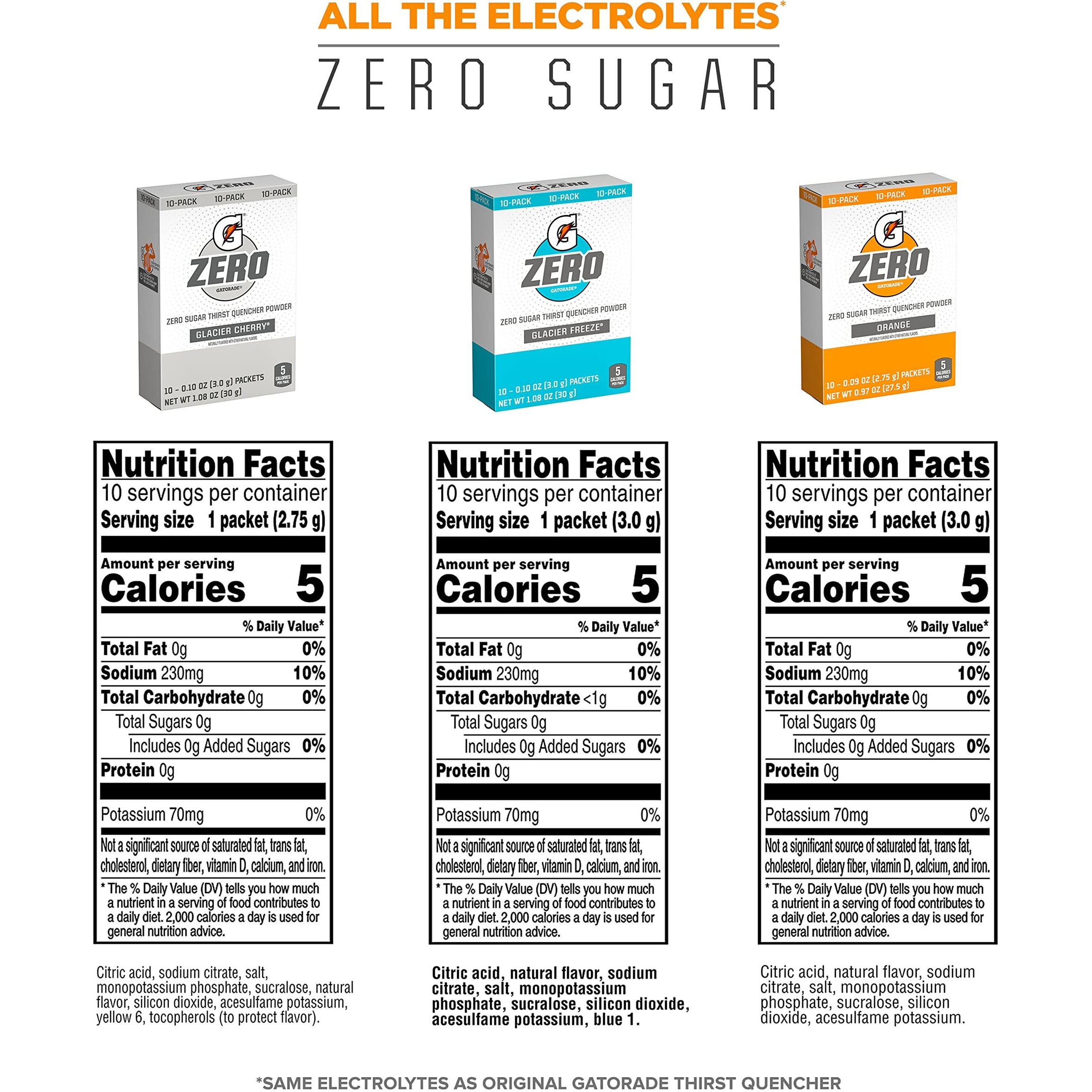Gatorade G Zero Powder, Glacier Cherry Variety Pack, 0.10Oz Individual Packets - 10 Count (Pack Of 5)