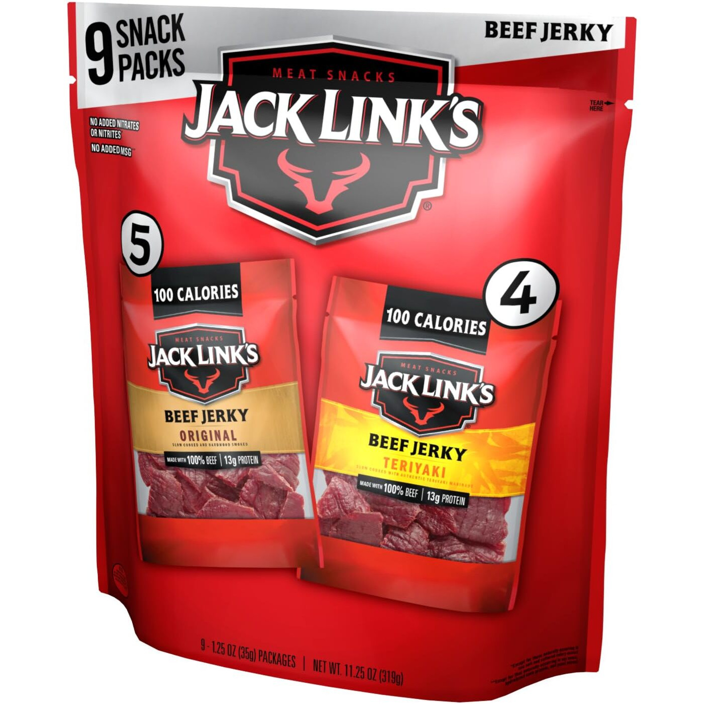 Jack Link's Beef Jerky Variety - Includes Original And Teriyaki Flavors, On The Go Snacks, 13G Of Protein Per Serving, 9 Count Of 1.25 Oz Bags